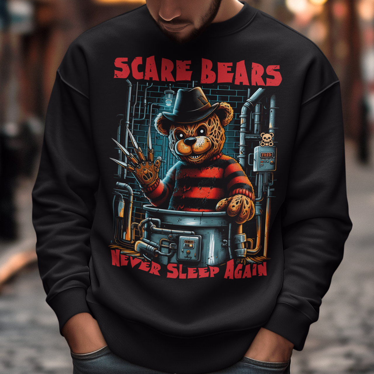 This Sweatshirt features a burnt, scary bear, wearing a tattered hat and a bladed glove, standing menacingly in a dark boiler room. The bear's charred fur and glowing red eyes give off a terrifying vibe, with steam pipes and sparks in the background. The bold text above reads "SCARE BEARS", and the chilling tagline below says "NEVER SLEEP AGAIN", adding to the sinister atmosphere. Perfect for fans of horror and twisted takes on childhood icons.