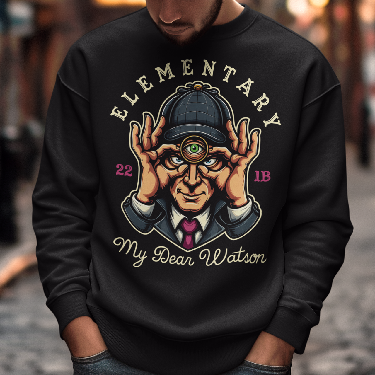 Unlock the mysteries of the mind with our unique Sherlock Holmes inspired sweatshirt. Featuring the iconic detective with a third eye, symbolizing his unparalleled powers of observation and deduction. With a steely gaze and a mind sharper than any blade, this rendition of Holmes exudes intellect and intrigue. Emblazoned with the timeless phrase 'ELEMENTARY MY DEAR WATSON', this shirt is a nod to Holmes' famous catchphrase, capturing his wit and astuteness in every wear.