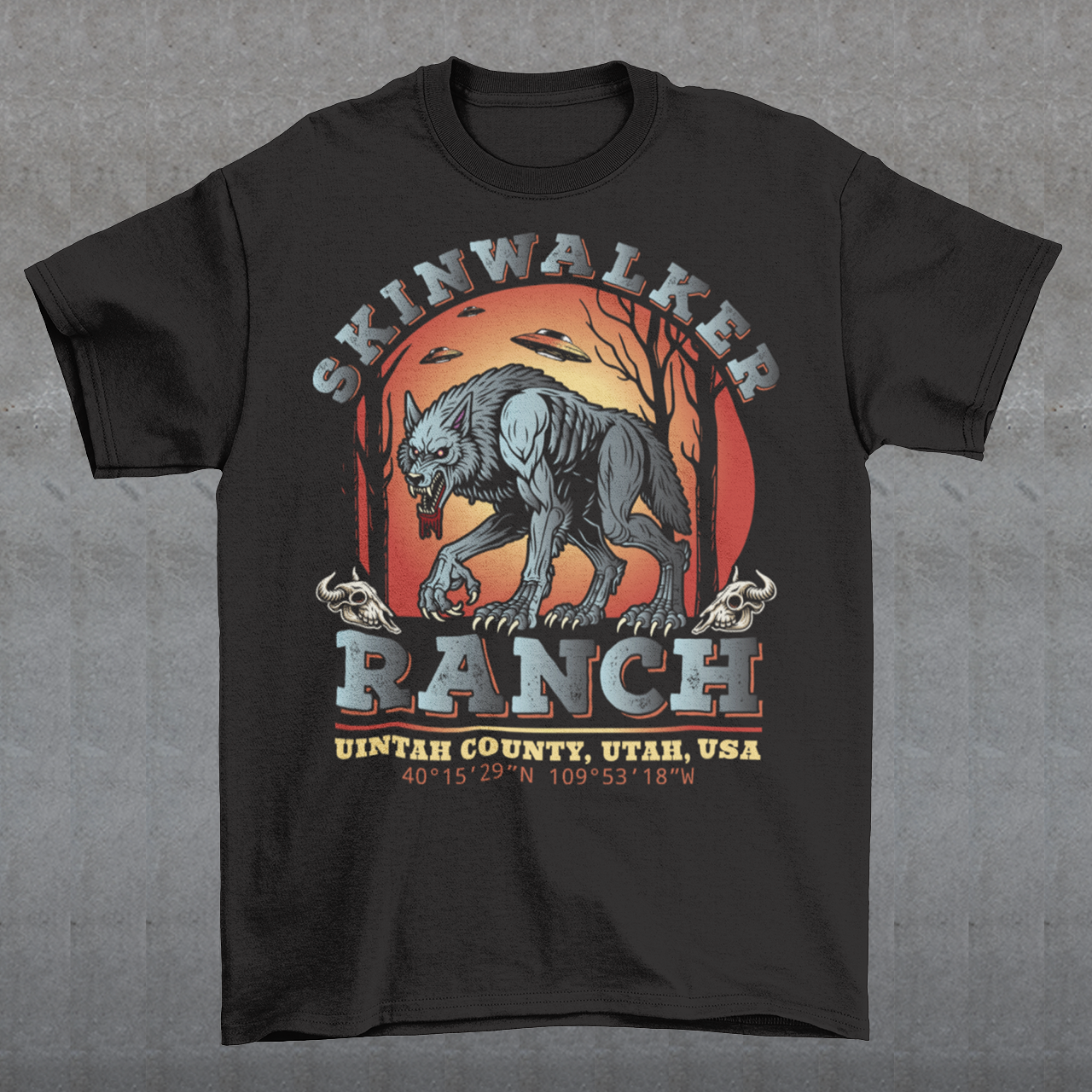 Introducing our captivating "Skinwalker Ranch" t-shirt, where mystery meets intrigue in a design that's sure to turn heads. Picture this: a lone wolf stands boldly against the backdrop of Skinwalker Ranch, its piercing gaze hinting at the secrets it guards. Above, the night sky is illuminated with the presence of unidentified flying objects, casting an otherworldly glow on the scene below.