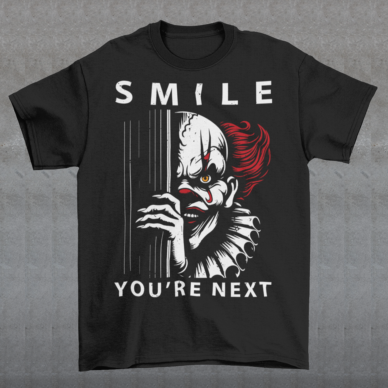 Introducing our chillingly captivating t-shirt design, "SMILE YOU'RE NEXT." This bone-chilling masterpiece features a sinister, grinning killer clown, designed to send shivers down your spine. The intricate details of the clown's malevolent expression are both mesmerizing and haunting, drawing you into the depths of its dark persona.