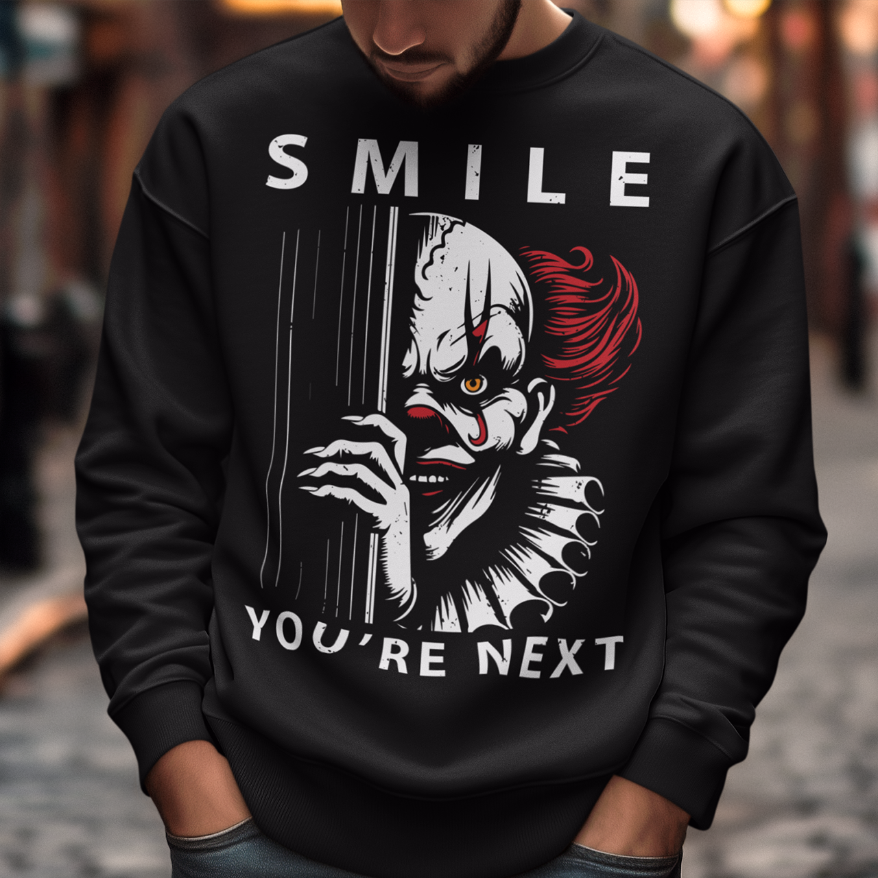 Introducing our chillingly captivating sweatshirt design, "SMILE YOU'RE NEXT." This bone-chilling masterpiece features a sinister, grinning killer clown, designed to send shivers down your spine. The intricate details of the clown's malevolent expression are both mesmerizing and haunting, drawing you into the depths of its dark persona.