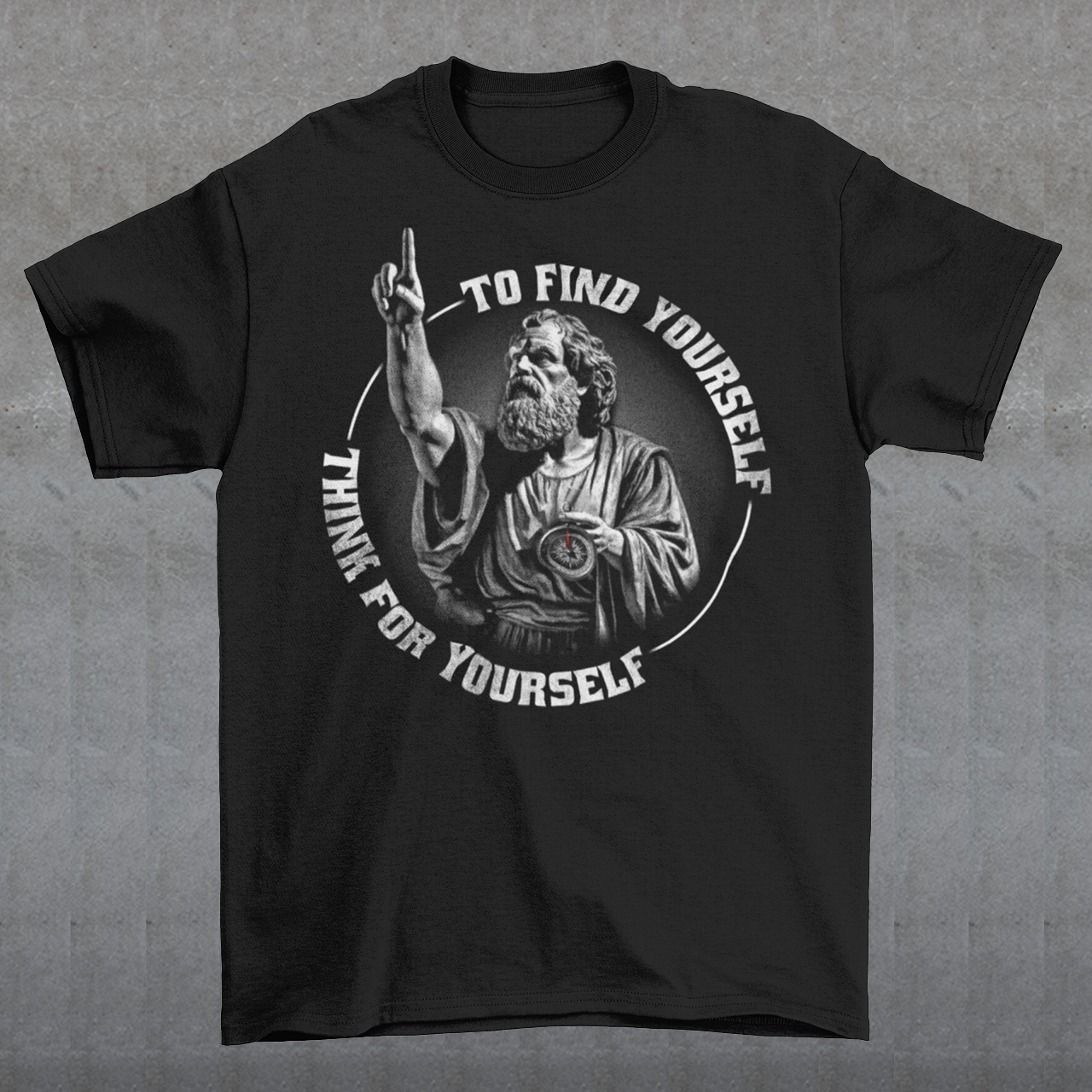 Introducing the "Socratic Wisdom" T-shirt, a thought-provoking blend of philosophy and style that pays homage to the great philosopher Socrates. Picture Socrates in a classic pose, with his finger raised in contemplation and confidently holding a compass, symbolizing his unwavering commitment to intellectual exploration. The design is not just an artistic representation but a visual embodiment of his timeless wisdom.