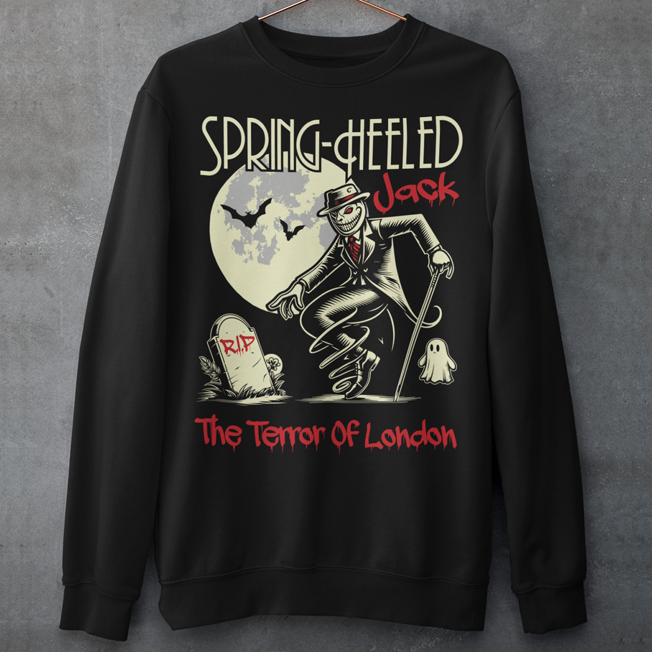 At the center of this striking sweatshirt design stands Spring-heeled Jack, the enigmatic figure of Victorian urban legend. Rendered in bold lines and vibrant colors, Spring-heeled Jack exudes an air of mystery and menace. His elongated figure seems to leap from the fabric, his eyes gleaming with an otherworldly intensity.