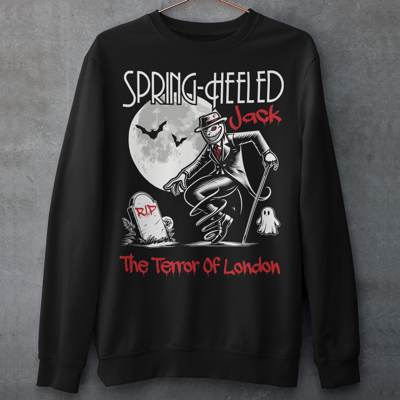 At the center of this striking sweatshirt design stands Spring-heeled Jack, the enigmatic figure of Victorian urban legend. Rendered in bold lines and vibrant colors, Spring-heeled Jack exudes an air of mystery and menace. His elongated figure seems to leap from the fabric, his eyes gleaming with an otherworldly intensity.