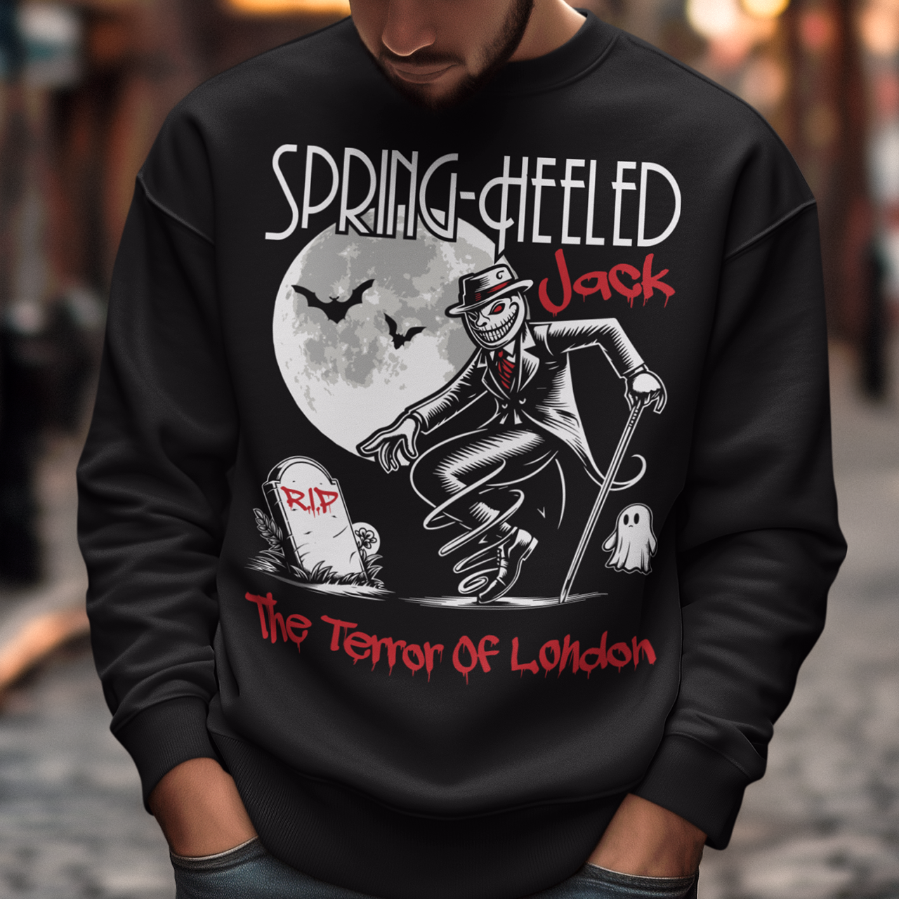 At the center of this striking sweatshirt design stands Spring-heeled Jack, the enigmatic figure of Victorian urban legend. Rendered in bold lines and vibrant colors, Spring-heeled Jack exudes an air of mystery and menace. His elongated figure seems to leap from the fabric, his eyes gleaming with an otherworldly intensity.