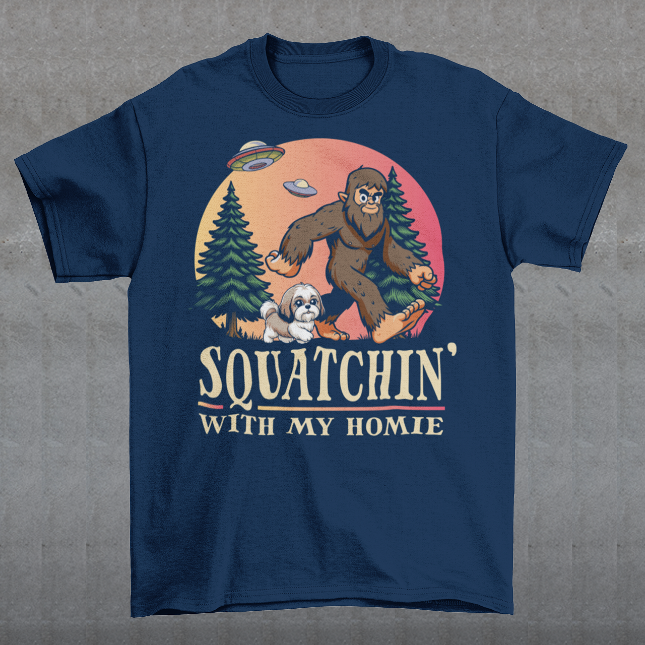 Embark on an otherworldly adventure with our Bigfoot and Shih Tzu hiking design, where the mysterious meets the adorable! This captivating scene depicts Bigfoot and his trusty Shih Tzu companion trekking through the dense forest, surrounded by towering trees and vibrant foliage. Above them, the sky is alight with the presence of UFOs, adding an element of cosmic wonder to their journey. With intricate detailing and vivid colors, this design captures the essence of exploring the great outdoors.