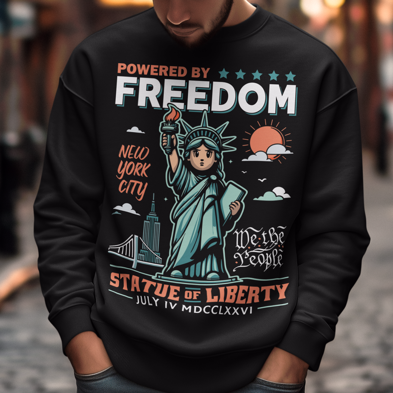 This sweatshirt features a bold cartoon rendition of the Statue of Liberty—full of attitude and charm—striking a heroic pose with a torch blazing high. Above her, the slogan "POWERED BY FREEDOM" pops in all-caps, making a loud and proud statement. This shirt is perfect for anyone who believes freedom isn't just a right—it's a superpower. Great for July 4th, rallies, or just everyday rebel energy.