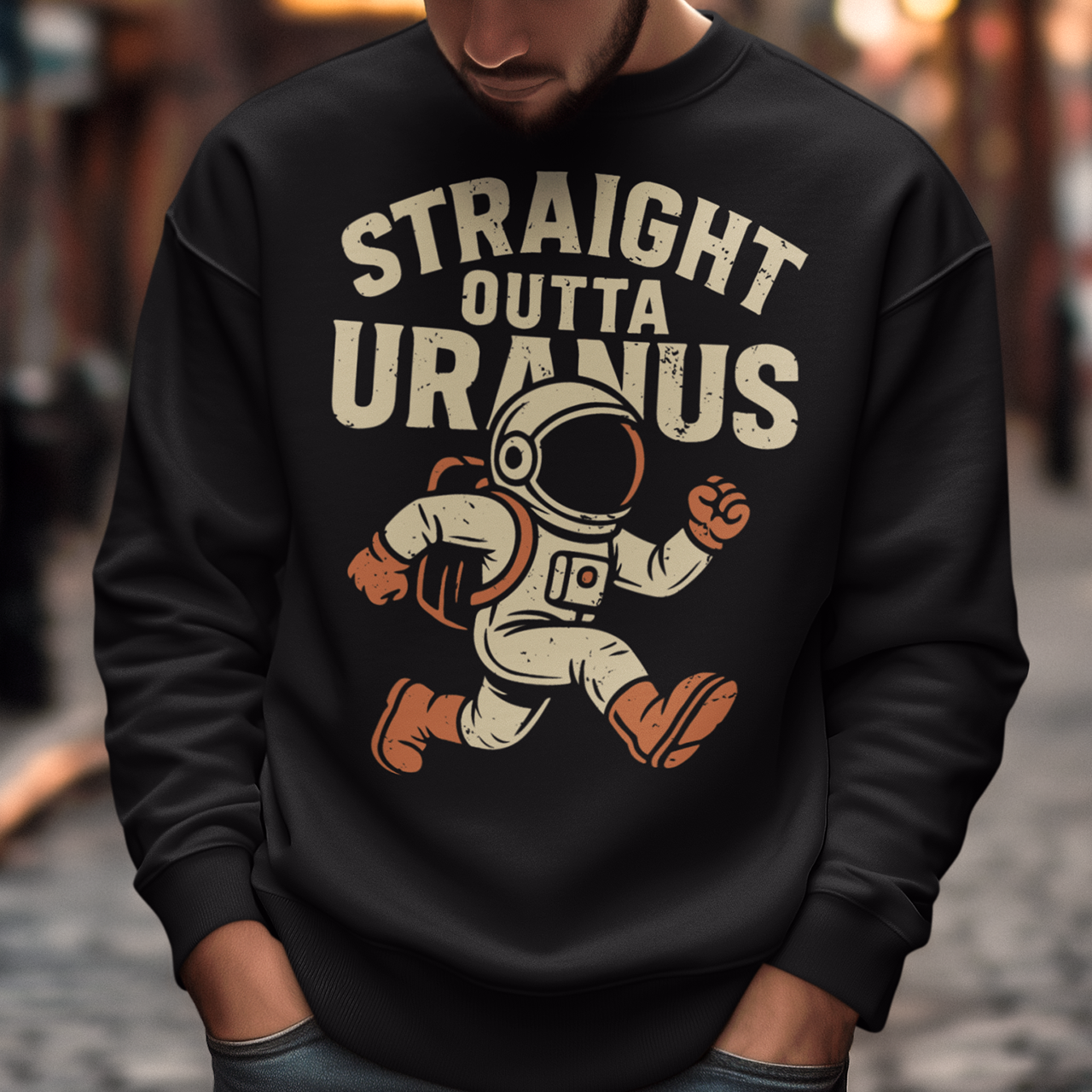 Make the galaxy laugh with this bold and hilarious sweatshirt! Featuring a cartoon-style spaceman floating in the cosmos, this shirt makes a cosmic statement with the cheeky slogan "STRAIGHT OUTTA URANUS" printed above. Perfect for space nerds, pun-lovers, and anyone who appreciates a little interstellar humor. Whether you’re stargazing, gaming, or just looking to get a few laughs, this shirt is guaranteed to be a conversation starter.