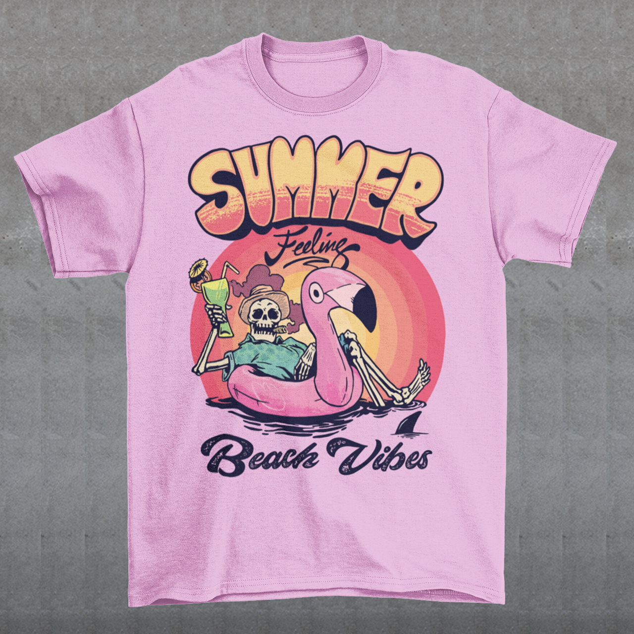 Introducing our "Summer Feeling Beach Vibes" t-shirt, a delightful blend of relaxation, whimsy, and cool vibes. This eye-catching design captures the essence of summer with a unique twist. At the center of the design, you'll find a playful skeleton, bringing a touch of the extraordinary to your beach adventures. Poised atop a vibrant rubber flamingo, the skeleton floats effortlessly on the tranquil sea, adding a sense of surrealism and fun to the scene.