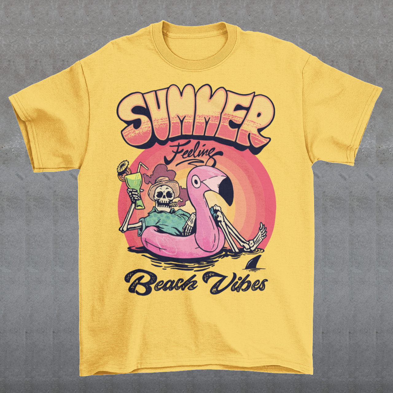 Introducing our "Summer Feeling Beach Vibes" t-shirt, a delightful blend of relaxation, whimsy, and cool vibes. This eye-catching design captures the essence of summer with a unique twist. At the center of the design, you'll find a playful skeleton, bringing a touch of the extraordinary to your beach adventures. Poised atop a vibrant rubber flamingo, the skeleton floats effortlessly on the tranquil sea, adding a sense of surrealism and fun to the scene.