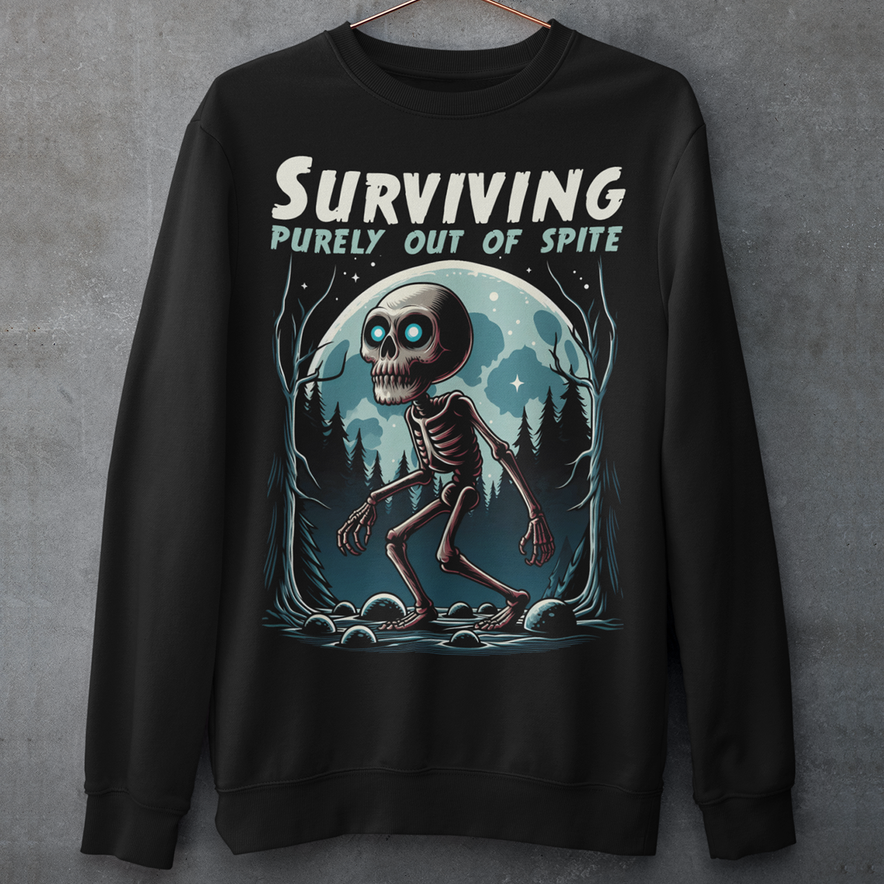 Embrace the eerie allure of the night with our Skeleton Skinwalker sweatshirt, a hauntingly beautiful depiction of skeletal transformation amidst the shadows of a dark forest. The intricate design features a mesmerizing interplay of bone and nature, capturing the essence of a creature caught between two worlds. Above the striking imagery, bold text reads: "SURVIVING PURELY OUT OF SPITE." This defiant statement encapsulates the spirit of resilience.