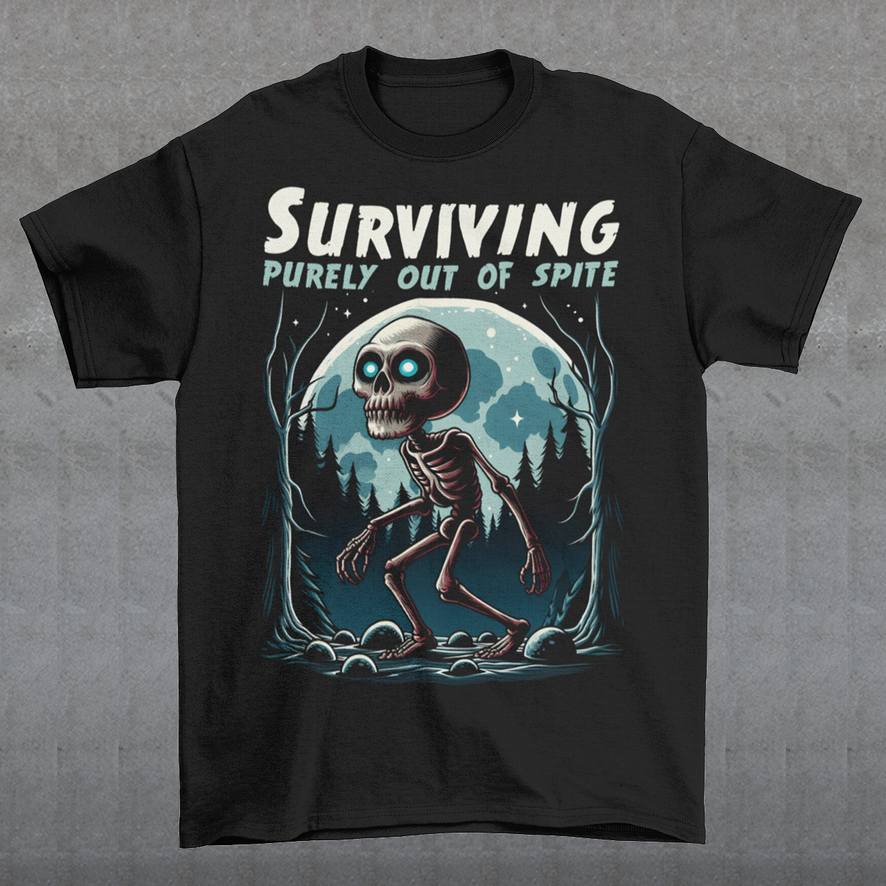 Embrace the eerie allure of the night with our Skeleton Skinwalker t-shirt, a hauntingly beautiful depiction of skeletal transformation amidst the shadows of a dark forest. The intricate design features a mesmerizing interplay of bone and nature, capturing the essence of a creature caught between two worlds. Above the striking imagery, bold text reads: "SURVIVING PURELY OUT OF SPITE." This defiant statement encapsulates the spirit of resilience.
