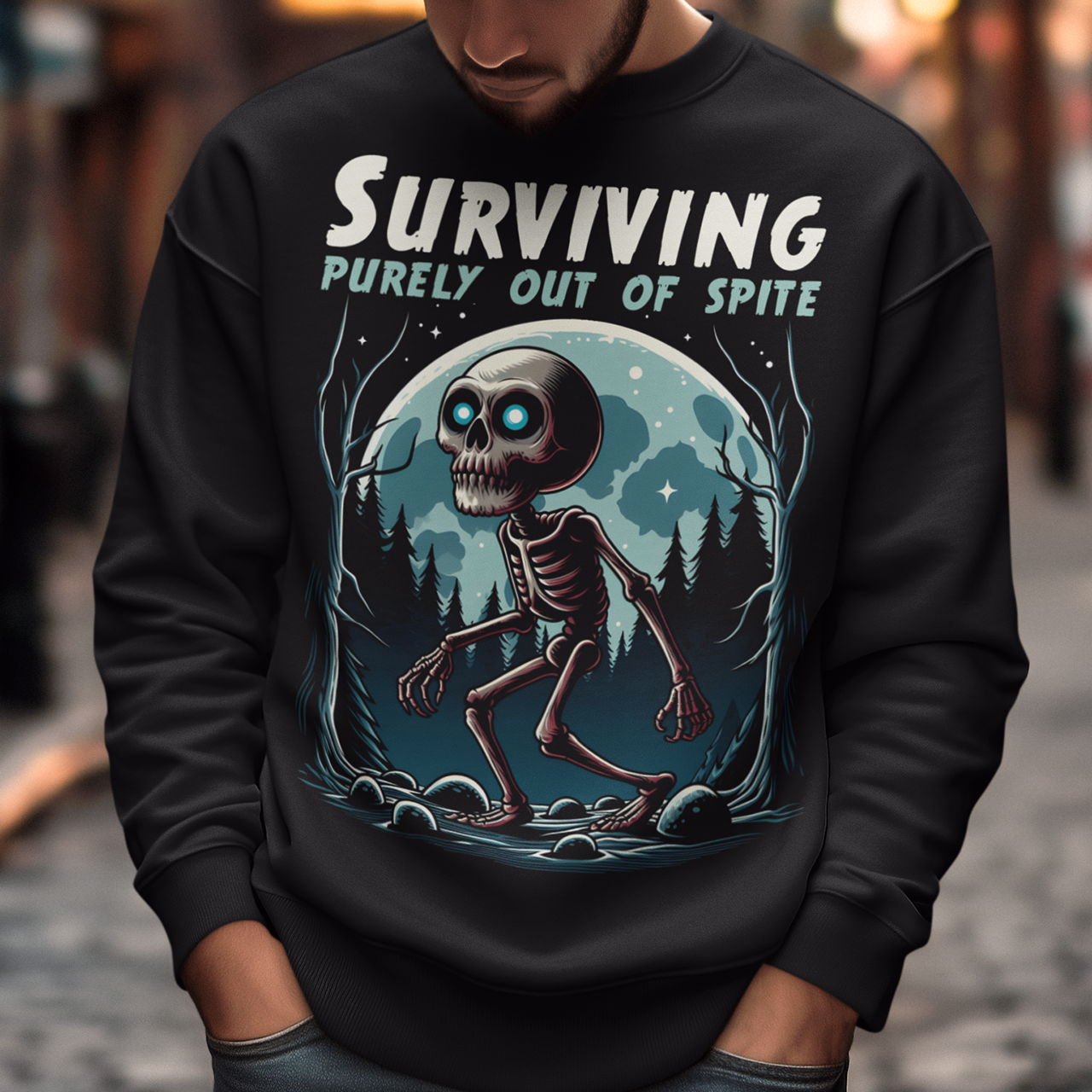 Embrace the eerie allure of the night with our Skeleton Skinwalker sweatshirt, a hauntingly beautiful depiction of skeletal transformation amidst the shadows of a dark forest. The intricate design features a mesmerizing interplay of bone and nature, capturing the essence of a creature caught between two worlds. Above the striking imagery, bold text reads: "SURVIVING PURELY OUT OF SPITE." This defiant statement encapsulates the spirit of resilience.