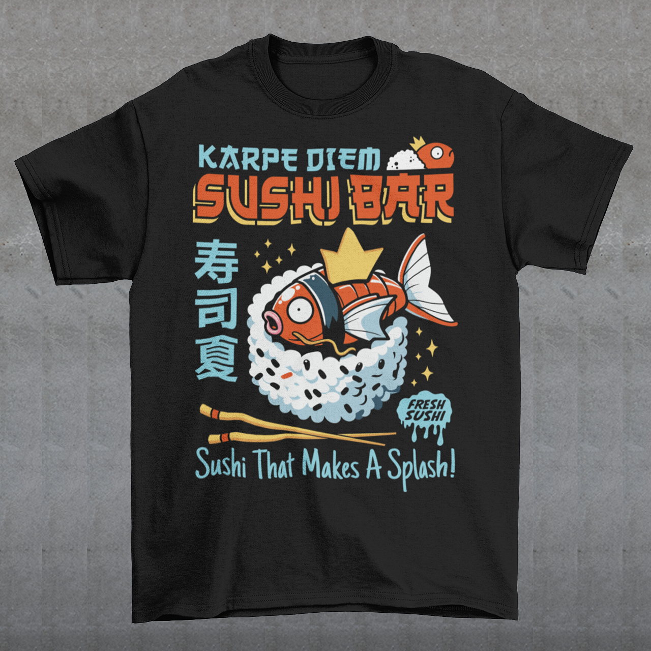 Make every day a raw-some adventure with our "Karpe Diem Sushi Bar" tee! Featuring a whimsical design of a Magikarp-style sushi fish—part Pokémon, part premium nigiri—this shirt blends geek culture and foodie vibes with a splash of humor. Whether you're a sushi lover, a Pokémon fan, or just someone who believes in seizing the soy, this tee is your perfect catch. Printed on soft, breathable cotton with bold, vibrant colors, it's ideal for casual outings, anime conventions, or your next sushi run.