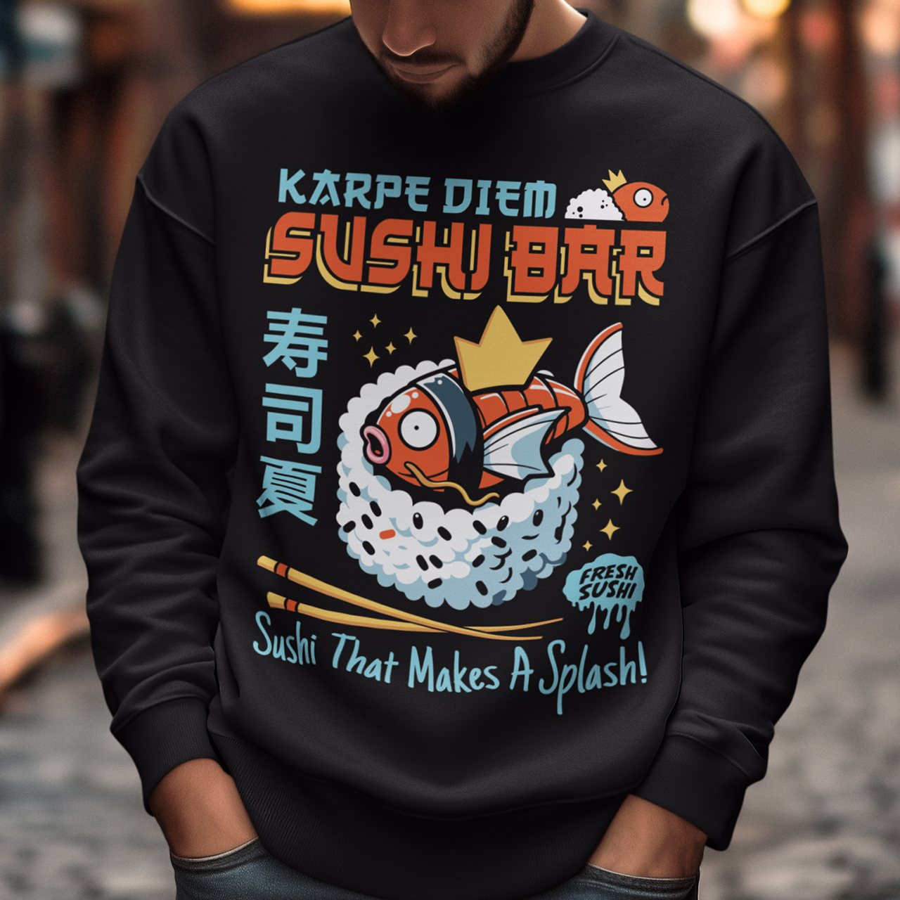Make every day a raw-some adventure with our "Karpe Diem Sushi Bar" sweatshirt! Featuring a whimsical design of a Magikarp-style sushi fish—part Pokémon, part premium nigiri—this shirt blends geek culture and foodie vibes with a splash of humor. Whether you're a sushi lover, a Pokémon fan, or just someone who believes in seizing the soy, this tee is your perfect catch. Printed on soft, breathable cotton with bold, vibrant colors, it's ideal for casual outings, anime conventions, or your next sushi run.