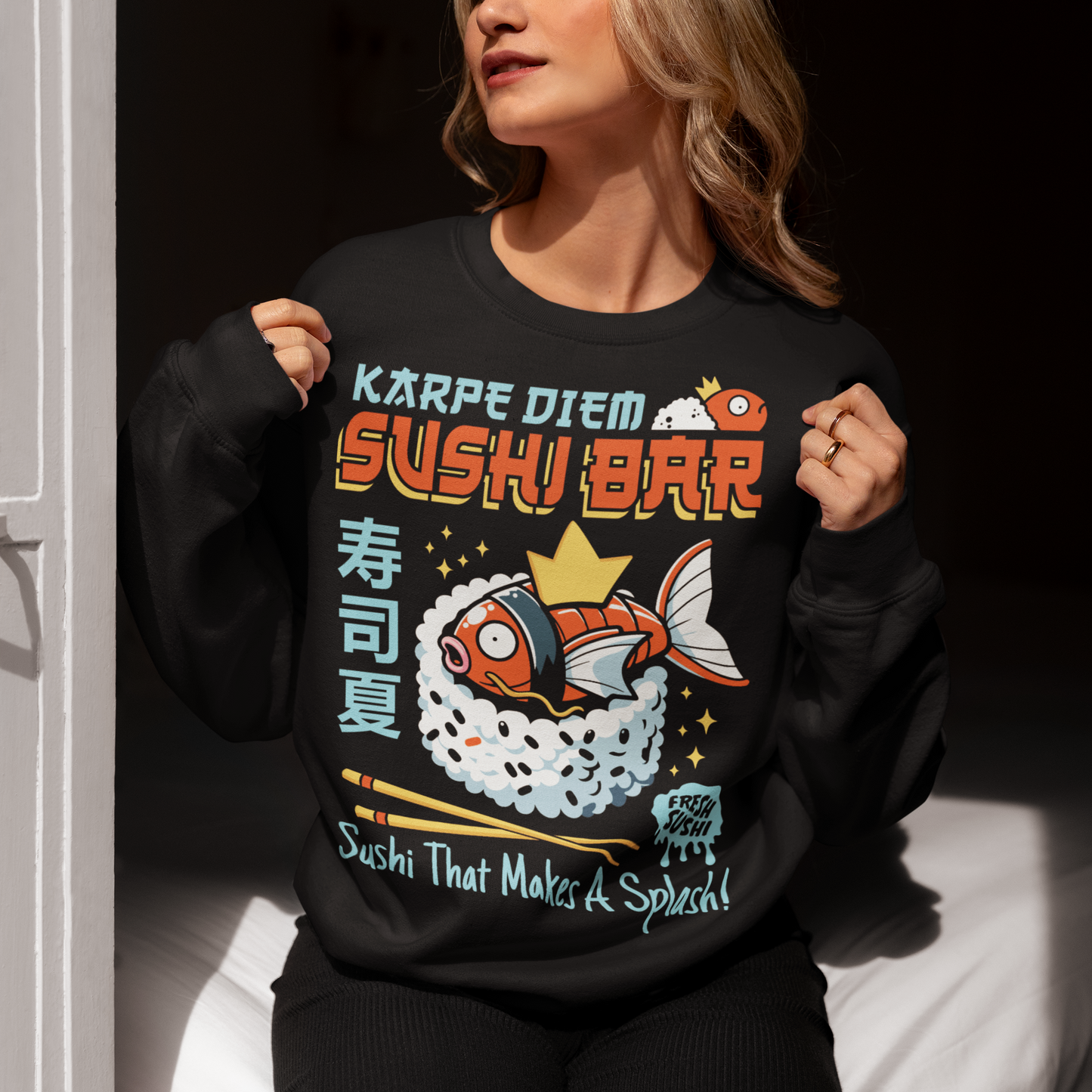 Make every day a raw-some adventure with our "Karpe Diem Sushi Bar" sweatshirt! Featuring a whimsical design of a Magikarp-style sushi fish—part Pokémon, part premium nigiri—this shirt blends geek culture and foodie vibes with a splash of humor. Whether you're a sushi lover, a Pokémon fan, or just someone who believes in seizing the soy, this tee is your perfect catch. Printed on soft, breathable cotton with bold, vibrant colors, it's ideal for casual outings, anime conventions, or your next sushi run.
