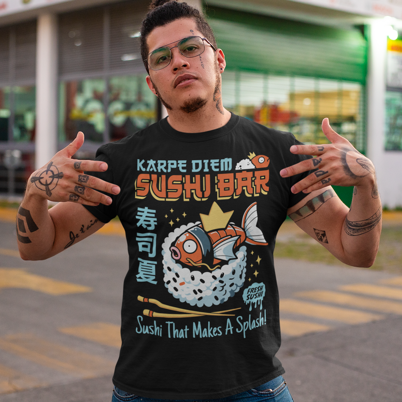 Make every day a raw-some adventure with our "Karpe Diem Sushi Bar" tee! Featuring a whimsical design of a Magikarp-style sushi fish—part Pokémon, part premium nigiri—this shirt blends geek culture and foodie vibes with a splash of humor. Whether you're a sushi lover, a Pokémon fan, or just someone who believes in seizing the soy, this tee is your perfect catch. Printed on soft, breathable cotton with bold, vibrant colors, it's ideal for casual outings, anime conventions, or your next sushi run.