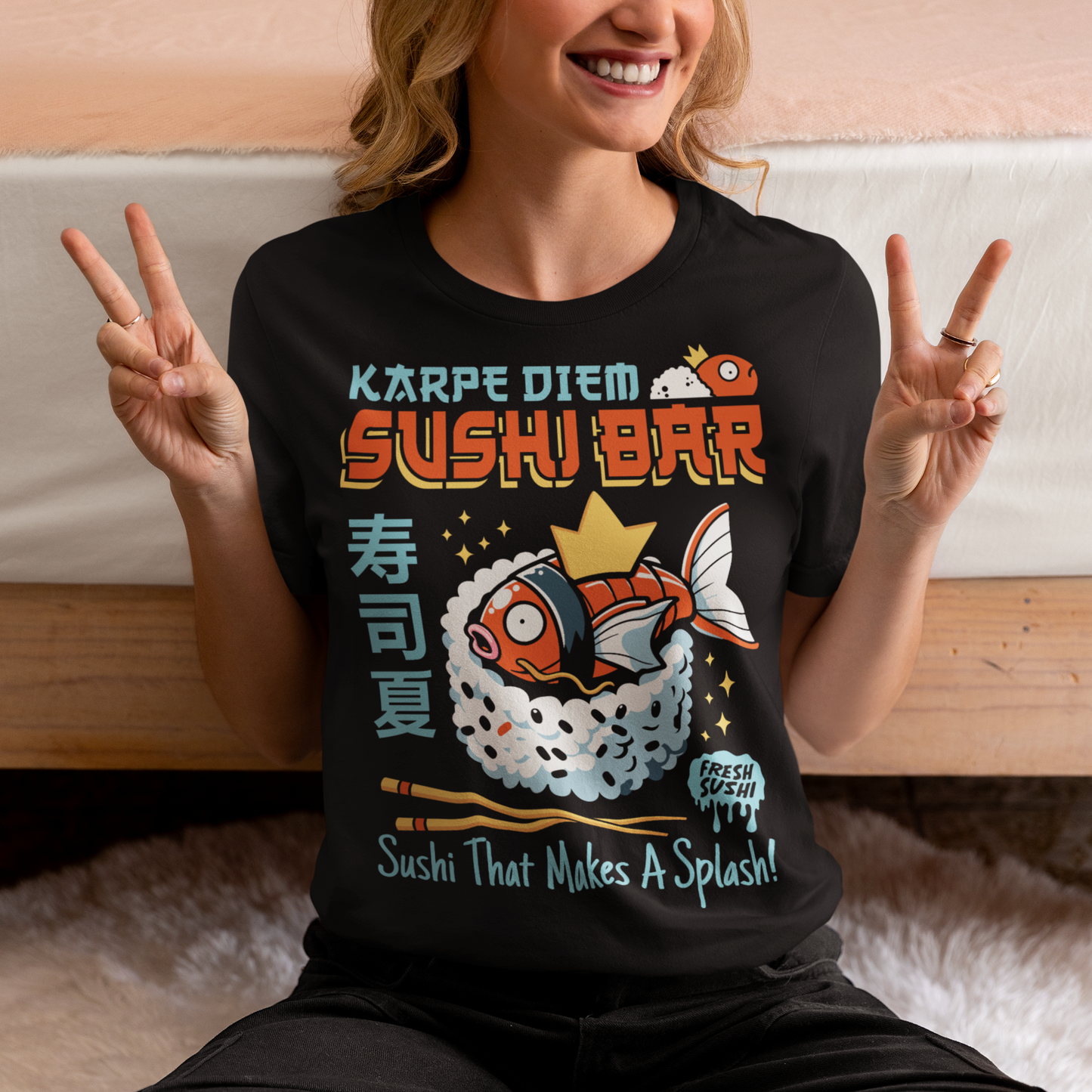Make every day a raw-some adventure with our "Karpe Diem Sushi Bar" tee! Featuring a whimsical design of a Magikarp-style sushi fish—part Pokémon, part premium nigiri—this shirt blends geek culture and foodie vibes with a splash of humor. Whether you're a sushi lover, a Pokémon fan, or just someone who believes in seizing the soy, this tee is your perfect catch. Printed on soft, breathable cotton with bold, vibrant colors, it's ideal for casual outings, anime conventions, or your next sushi run.