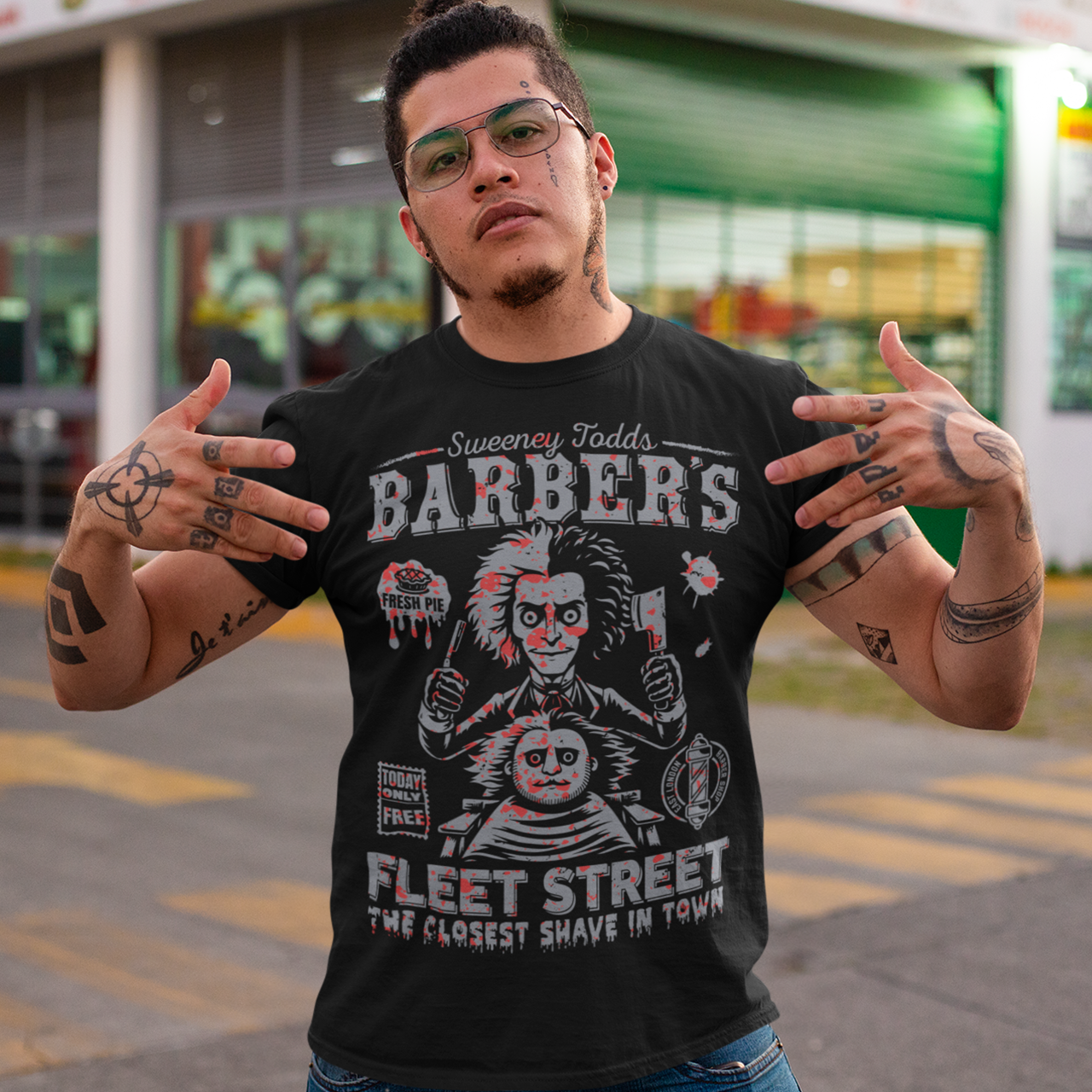 This bold shirt pays tribute to Sweeney Todd’s Barber Shop, the infamous haunt of Fleet Street. The shirt captures the eerie charm of the Demon Barber himself. Perfect for theatre fans, horror enthusiasts, or anyone with a taste for the macabre, this shirt is equal parts stylish and sinister.