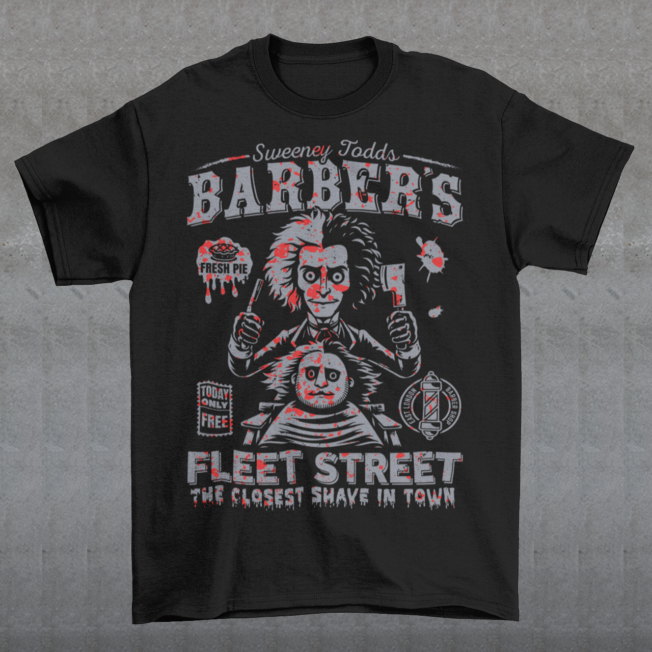 This bold shirt pays tribute to Sweeney Todd’s Barber Shop, the infamous haunt of Fleet Street. The shirt captures the eerie charm of the Demon Barber himself. Perfect for theatre fans, horror enthusiasts, or anyone with a taste for the macabre, this shirt is equal parts stylish and sinister.