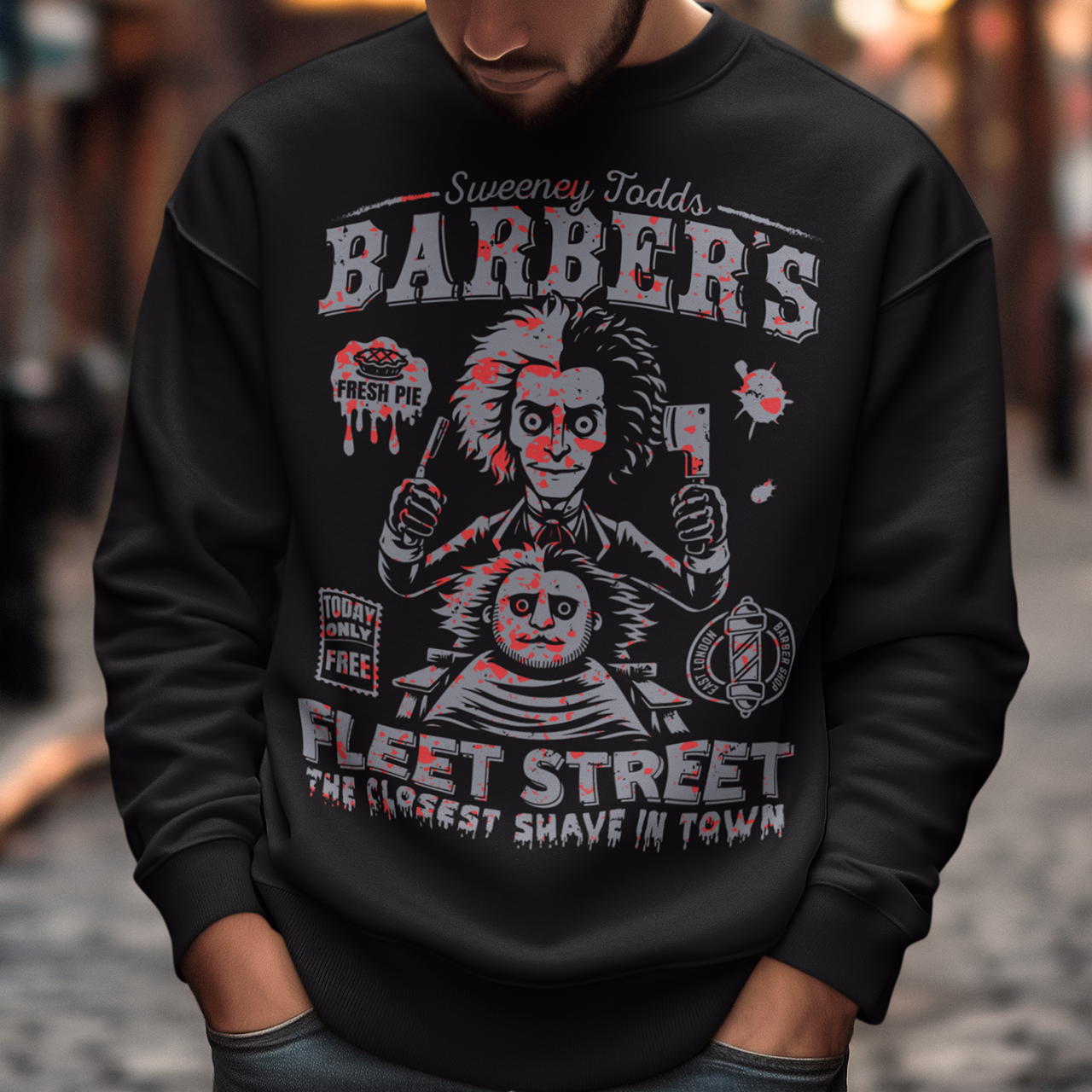 This bold shirt pays tribute to Sweeney Todd’s Barber Shop, the infamous haunt of Fleet Street. The shirt captures the eerie charm of the Demon Barber himself. Perfect for theatre fans, horror enthusiasts, or anyone with a taste for the macabre, this shirt is equal parts stylish and sinister.