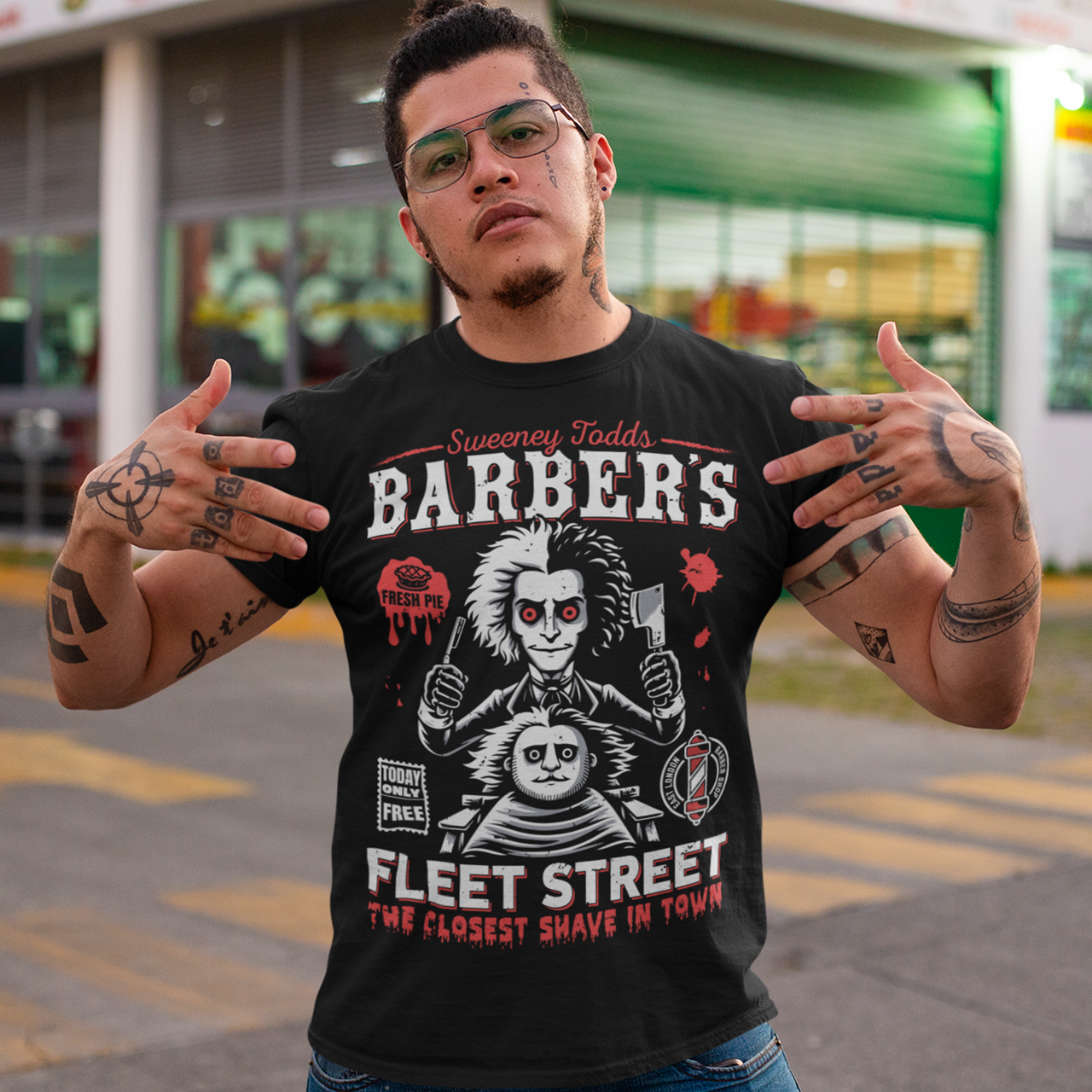 This bold shirt pays tribute to Sweeney Todd’s Barber Shop, the infamous haunt of Fleet Street. The shirt captures the eerie charm of the Demon Barber himself. Perfect for theatre fans, horror enthusiasts, or anyone with a taste for the macabre, this shirt is equal parts stylish and sinister.