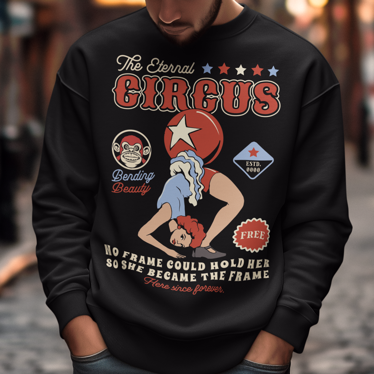 Step into the surreal with our "Contortionist – The Eternal Circus" sweatshirt. Featuring a hauntingly elegant contortionist twisted into an impossible pose, this design captures the mystique and wonder of a timeless spectacle. Above the figure, bold vintage lettering proclaims THE ETERNAL CIRCUS — a nod to a show that never ends, where beauty bends and reality blurs.