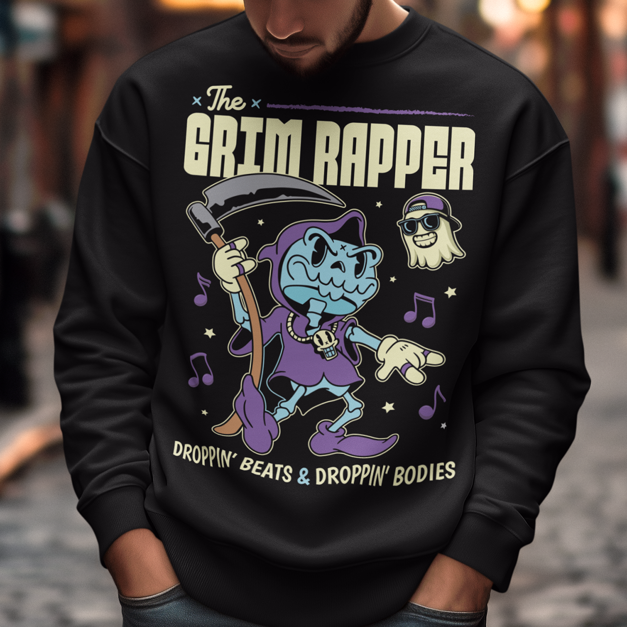 Introducing our electrifying "The Grim Rapper" Sweatshirt – a fusion of humor, music, and the afterlife that will make heads turn and beats drop! This exclusive design features a lively cartoon rendition of the Grim Reaper, decked out in rap gear confidently dropping rhymes. Surrounding the Grim Rapper are playful musical notes that dance in harmony with the rhythm. Above the charismatic cartoon character, bold text proudly declares, "THE GRIM RAPPER."