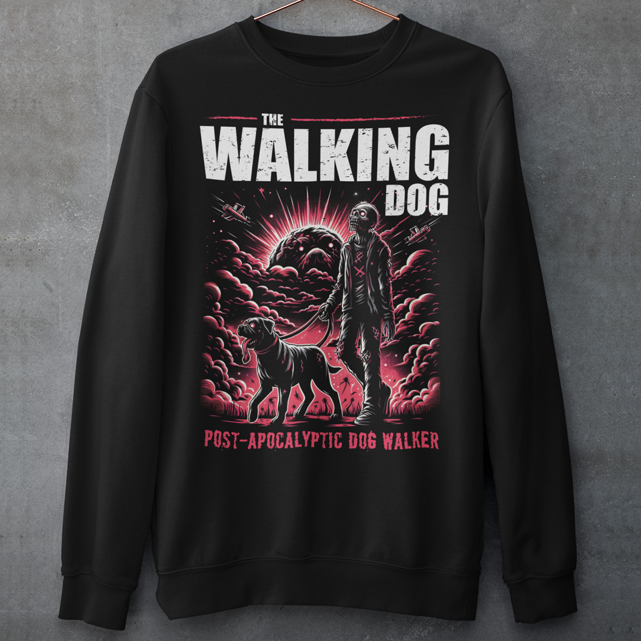 Introducing our "The Walking Dog" Sweatshirt, a unique and humorous take on the post-apocalyptic world! This eye-catching design features a determined zombie, dressed in tattered remnants of its former life, strolling through a desolate landscape with a loyal canine companion on a leash. Above this vivid illustration, the bold text "THE WALKING DOG" sets the scene, while below, the phrase "POST-APOCALYPTIC DOG WALKER" adds a touch of irony and wit.