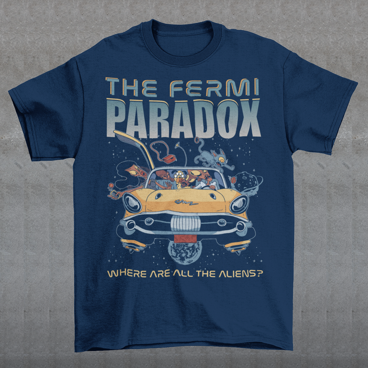 Introducing our exclusive and extraterrestrial-inspired masterpiece, the "Fermi Paradox Explorers" T-shirt! Dive into the cosmic unknown with this captivating design featuring a family of whimsical aliens embarking on an interstellar road trip through the vastness of space. A celestial spectacle unfolds as these charming extraterrestrial beings cruise through the cosmos in their otherworldly spaceship, maneuvering the cosmic vehicle with unparalleled finesse.