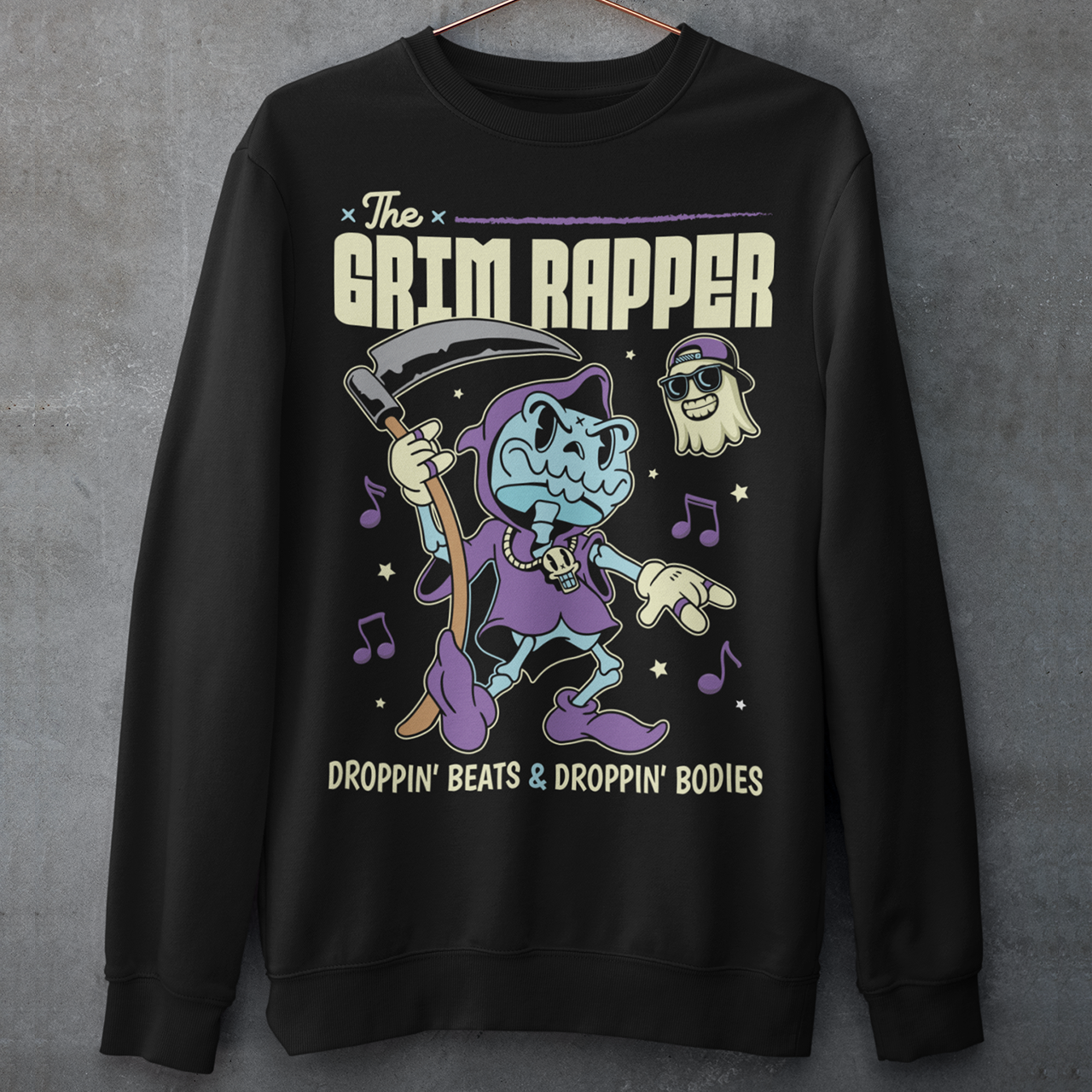 Introducing our electrifying "The Grim Rapper" Sweatshirt – a fusion of humor, music, and the afterlife that will make heads turn and beats drop! This exclusive design features a lively cartoon rendition of the Grim Reaper, decked out in rap gear confidently dropping rhymes. Surrounding the Grim Rapper are playful musical notes that dance in harmony with the rhythm. Above the charismatic cartoon character, bold text proudly declares, "THE GRIM RAPPER."