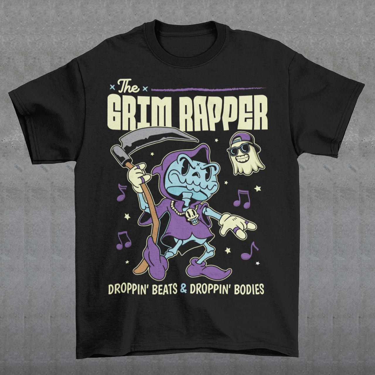Introducing our electrifying "The Grim Rapper" T-shirt – a fusion of humor, music, and the afterlife that will make heads turn and beats drop! This exclusive design features a lively cartoon rendition of the Grim Reaper, decked out in rap gear confidently dropping rhymes. Surrounding the Grim Rapper are playful musical notes that dance in harmony with the rhythm. Above the charismatic cartoon character, bold text proudly declares, "THE GRIM RAPPER."