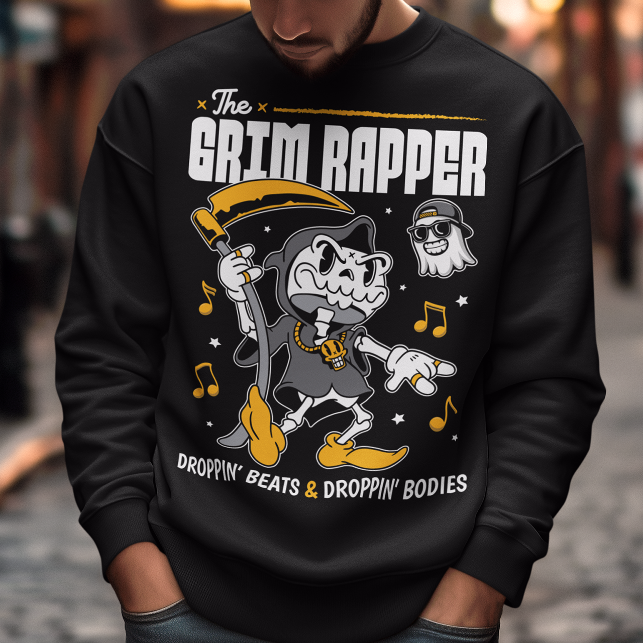 Introducing our electrifying "The Grim Rapper" Sweatshirt – a fusion of humor, music, and the afterlife that will make heads turn and beats drop! This exclusive design features a lively cartoon rendition of the Grim Reaper, decked out in rap gear confidently dropping rhymes. Surrounding the Grim Rapper are playful musical notes that dance in harmony with the rhythm. Above the charismatic cartoon character, bold text proudly declares, "THE GRIM RAPPER."