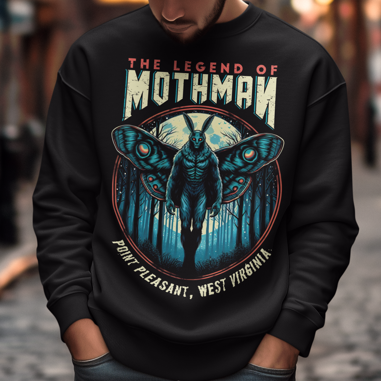 This captivating sweatshirt features a striking illustration of Mothman, the legendary cryptid, standing mysteriously in a dense, shadowy forest. The eerie scene captures the essence of folklore, with Mothman's glowing red eyes piercing through the darkness, creating an atmosphere of both intrigue and suspense. Above the enigmatic figure, bold text reads "THE LEGEND OF MOTHMAN," adding to the mystique and allure of this mythical creature.