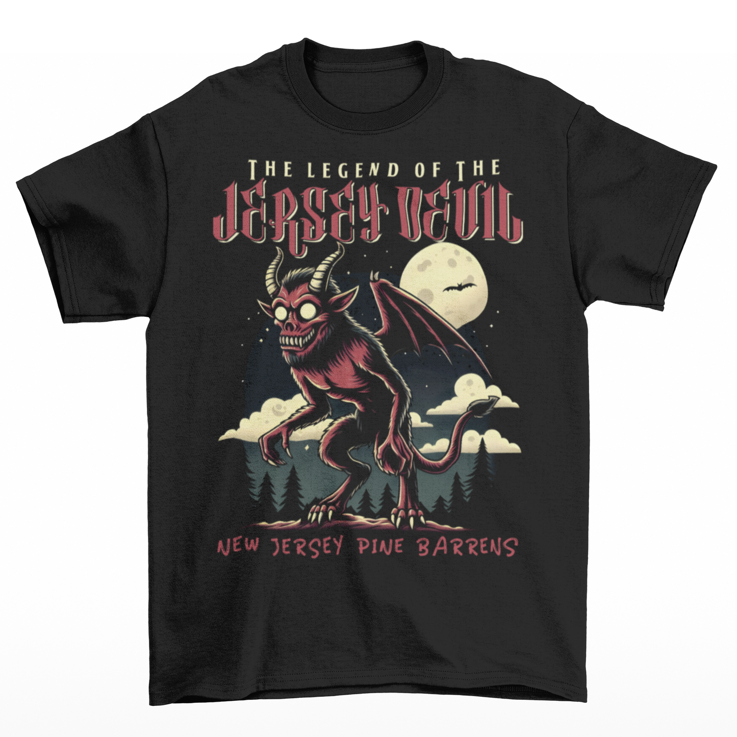 "Embrace the mystery with our Jersey Devil t-shirt! Featuring a striking depiction of the legendary creature , this shirt captures the intrigue and folklore of the New Jersey Pine Barrens. Above, bold letters declare 'THE LEGEND OF THE JERSEY DEVIL,' invoking tales of its enigmatic presence. Below, 'THE NEW JERSEY PINE BARRENS' grounds the design in the eerie beauty of its natural habitat. Wear it to ignite conversations and inspire curiosity about this enduring myth."