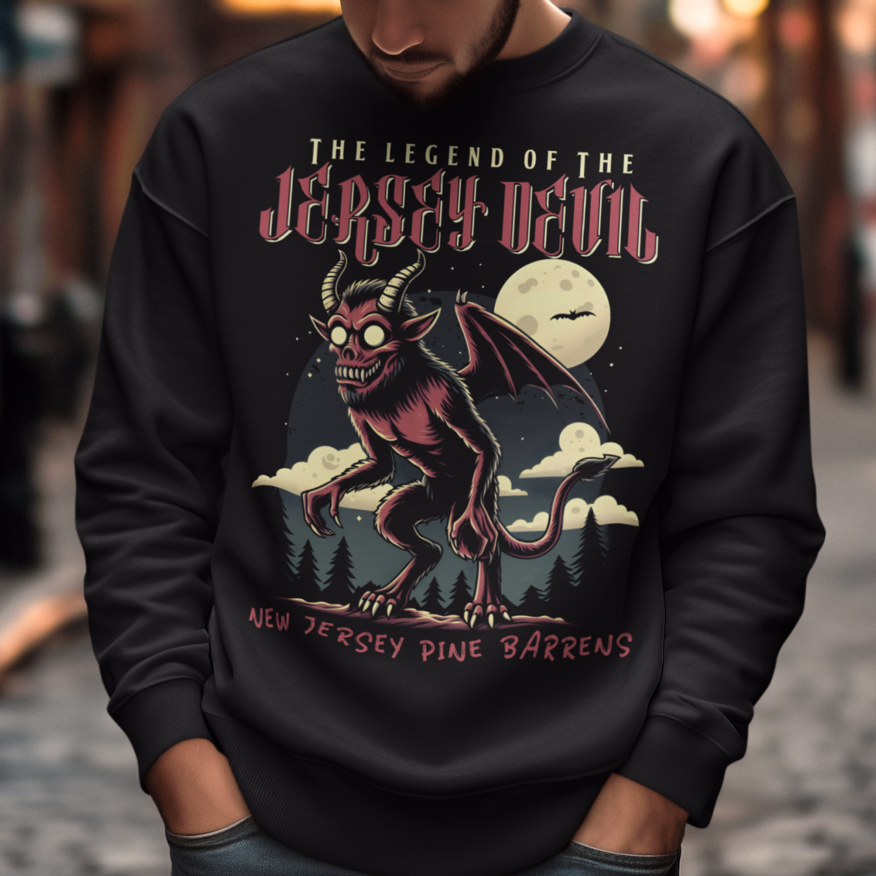 "Embrace the mystery with our Jersey Devil sweatshirt! Featuring a striking depiction of the legendary creature , this shirt captures the intrigue and folklore of the New Jersey Pine Barrens. Above, bold letters declare 'THE LEGEND OF THE JERSEY DEVIL,' invoking tales of its enigmatic presence. Below, 'THE NEW JERSEY PINE BARRENS' grounds the design in the eerie beauty of its natural habitat. Wear it to ignite conversations and inspire curiosity about this enduring myth."