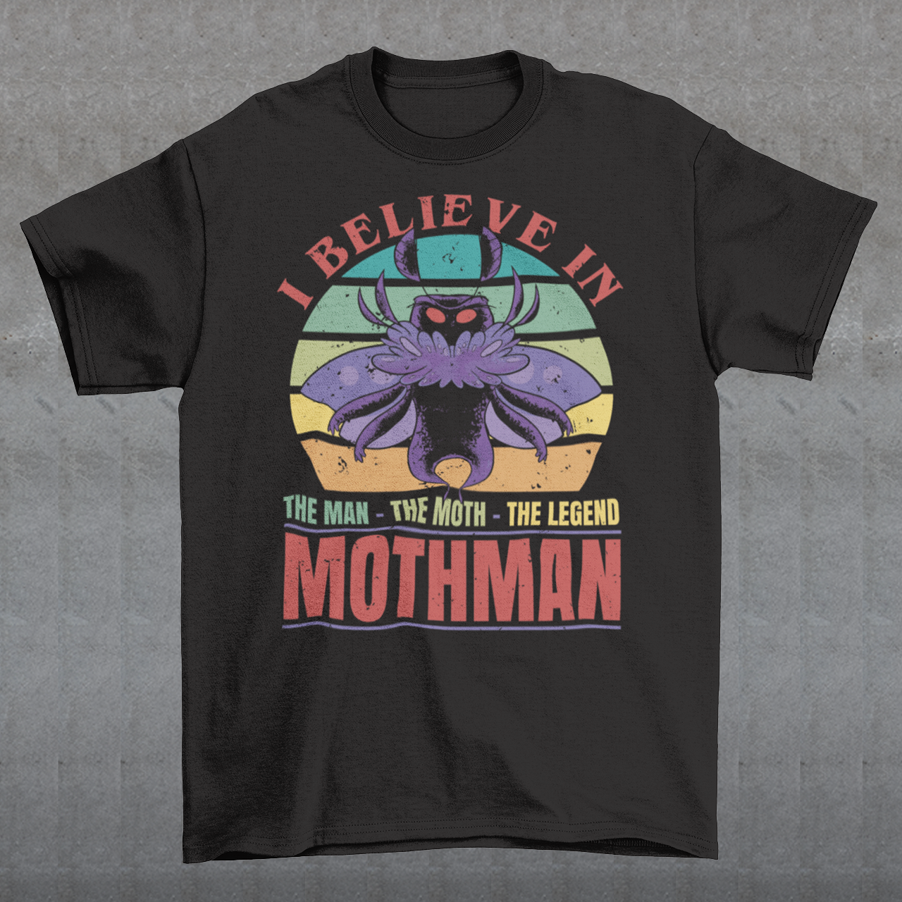 Introducing our legendary Mothman t-shirt, a must-have for believers and enthusiasts alike! Embrace the enigmatic allure of the Mothman phenomenon with this captivating design featuring the iconic cryptid against a retro sun background.