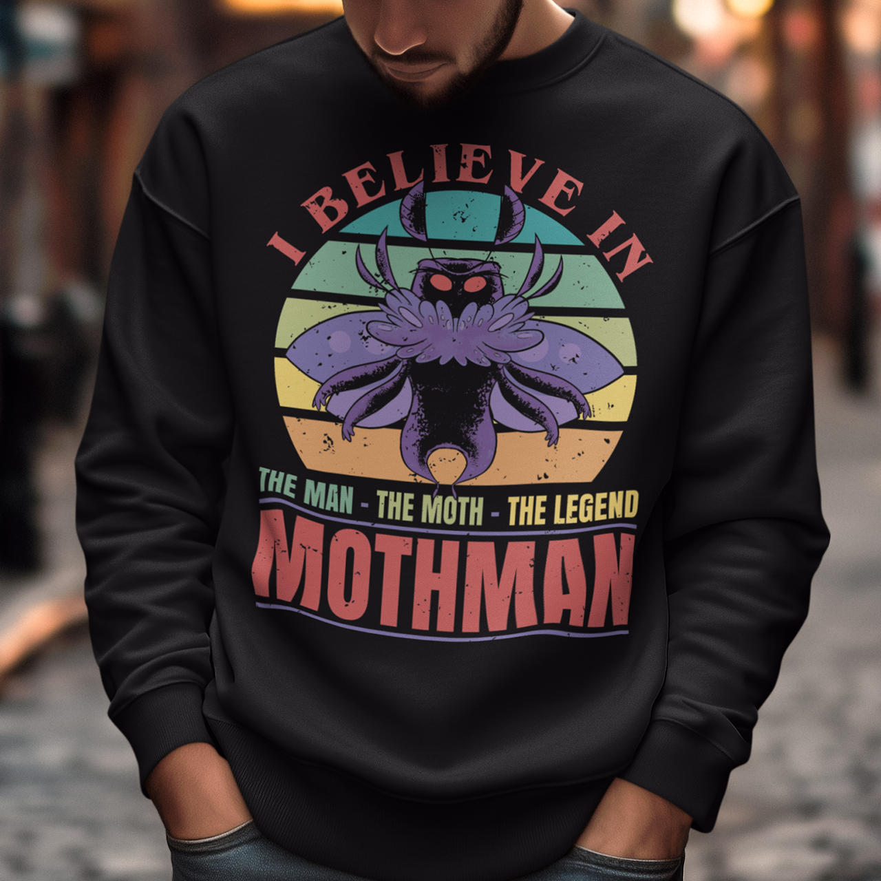 Introducing our legendary Mothman sweatshirt, a must-have for believers and enthusiasts alike! Embrace the enigmatic allure of the Mothman phenomenon with this captivating design featuring the iconic cryptid against a retro sun background.