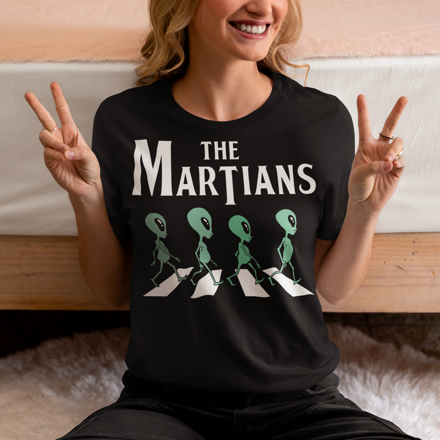"Step into the extraterrestrial realm with our exclusive 'THE MARTIANS' t-shirt. This eye-catching design showcases four uniquely crafted aliens confidently crossing a road, adding a touch of whimsy and intrigue to your style. Printed with vibrant colors and intricate details, this shirt sparks curiosity about what lies beyond our planet. Embrace a blend of cosmic charm and playful imagination with 'THE MARTIANS' tee, inviting conversation and celebrating the mysteries of the universe in style."