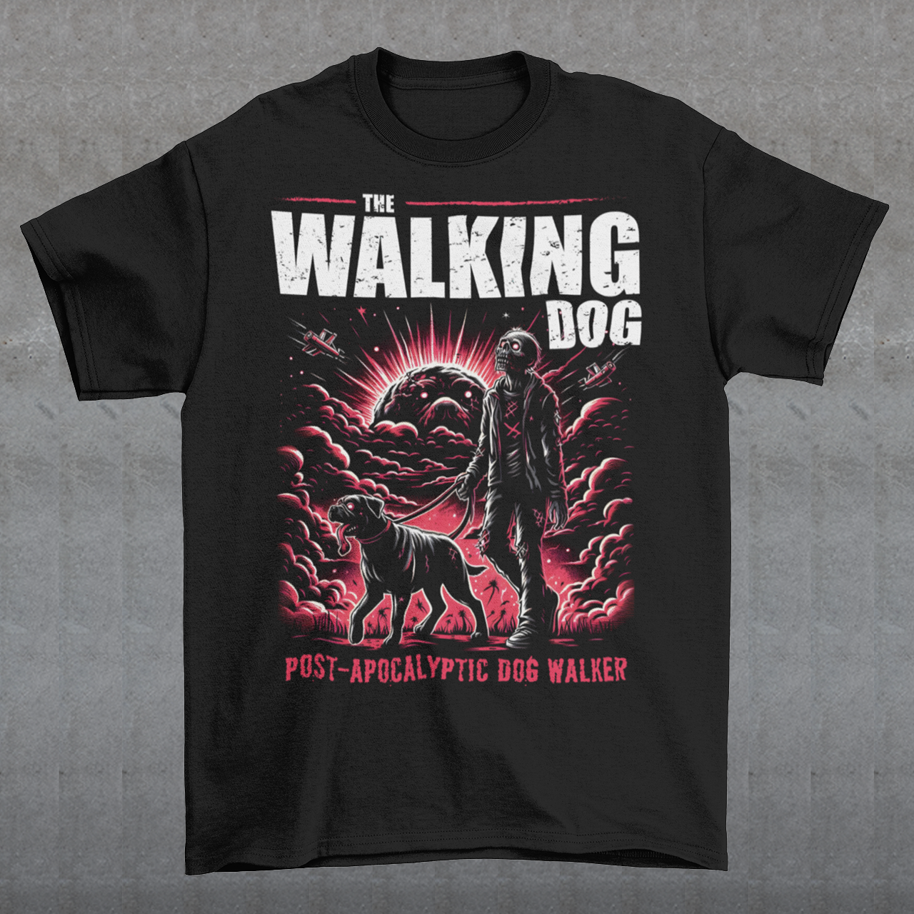 Introducing our "The Walking Dog" t-shirt, a unique and humorous take on the post-apocalyptic world! This eye-catching design features a determined zombie, dressed in tattered remnants of its former life, strolling through a desolate landscape with a loyal canine companion on a leash. Above this vivid illustration, the bold text "THE WALKING DOG" sets the scene, while below, the phrase "POST-APOCALYPTIC DOG WALKER" adds a touch of irony and wit.