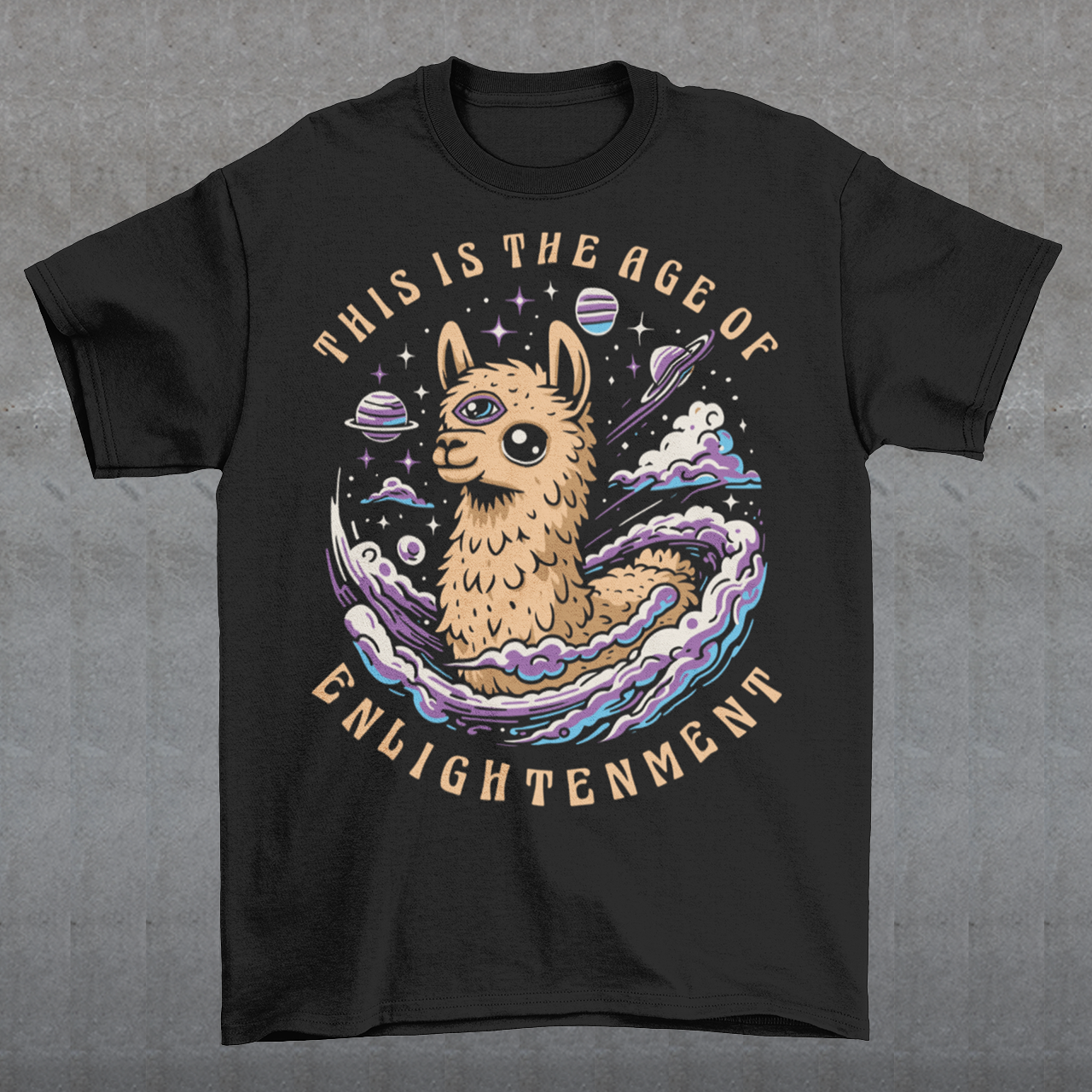 Embrace cosmic wisdom with our captivating Llama t-shirt! Picture this: amidst the vast expanse of space, a serene Llama gazes into the universe, its third eye gleaming with enlightenment. With swirling galaxies as its backdrop, this design captures the essence of transcendence and insight. Around the celestial spectacle, bold text declares, 'THIS IS THE AGE OF ENLIGHTENMENT,' heralding a new era of awareness and understanding.