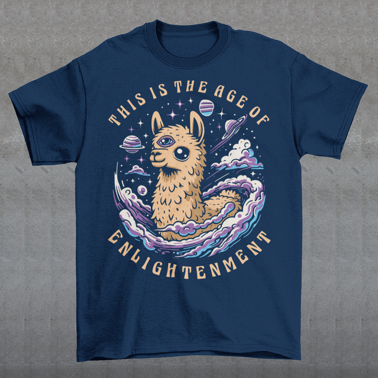 Embrace cosmic wisdom with our captivating Llama t-shirt! Picture this: amidst the vast expanse of space, a serene Llama gazes into the universe, its third eye gleaming with enlightenment. With swirling galaxies as its backdrop, this design captures the essence of transcendence and insight. Around the celestial spectacle, bold text declares, 'THIS IS THE AGE OF ENLIGHTENMENT,' heralding a new era of awareness and understanding.