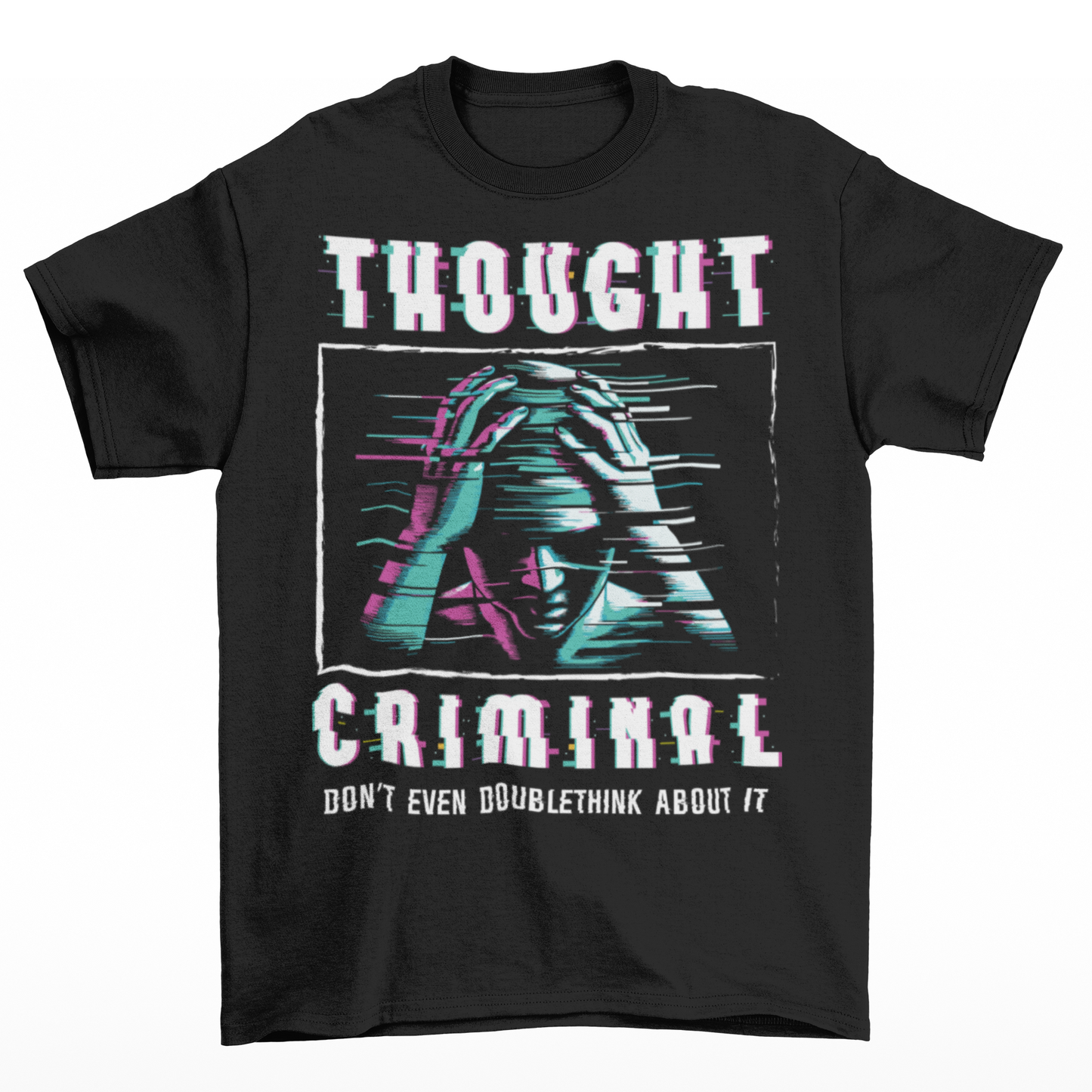 This bold and edgy T-shirt features the phrase "THOUGHT CRIMINAL" in a glitched, distorted font, giving it a rebellious, cyberpunk-inspired aesthetic. The design evokes themes of censorship, free thought, and dystopian resistance, making it perfect for those who challenge the status quo. Whether you're a fan of cyberpunk, retro-futurism, or just love thought-provoking designs, this tee is sure to turn heads.