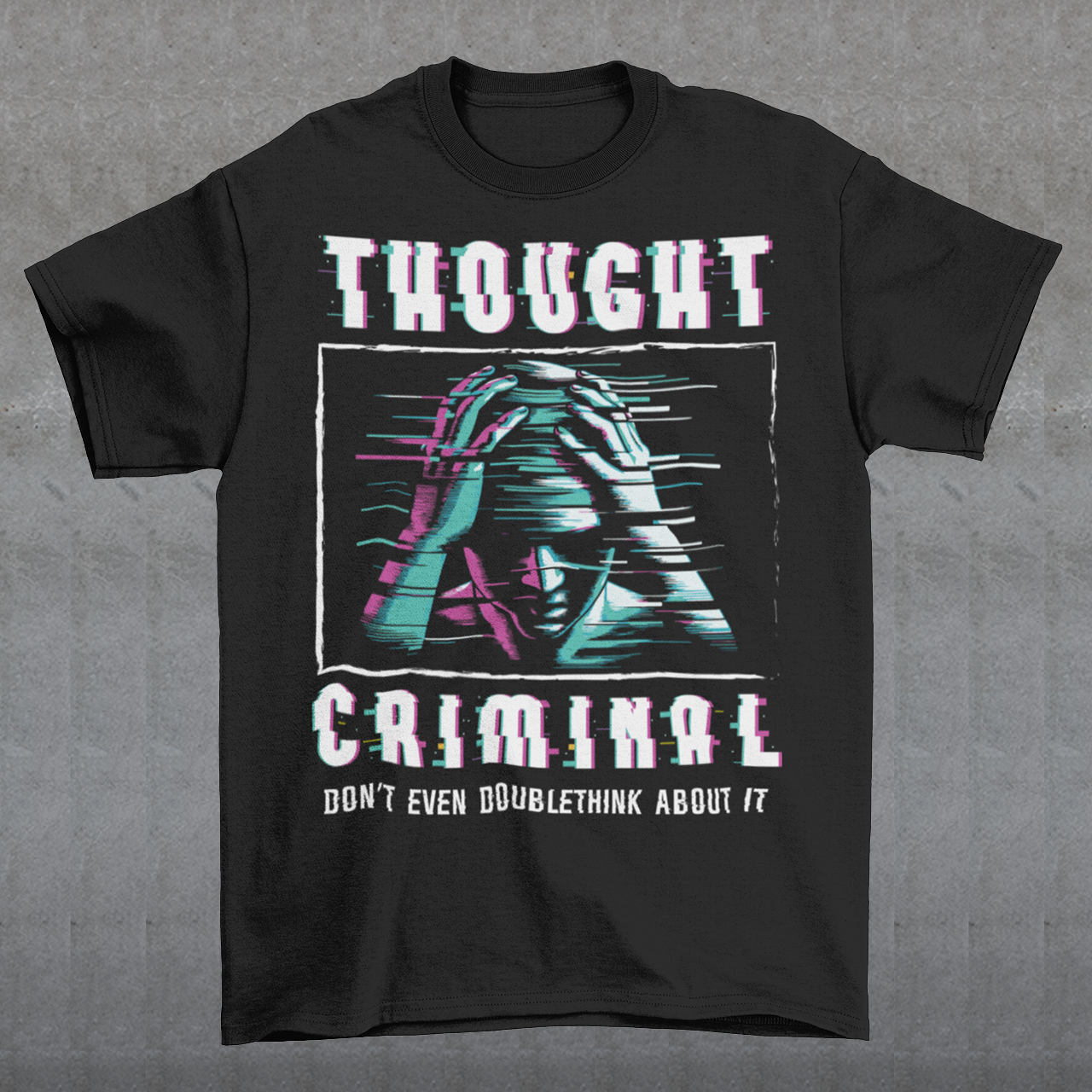 This bold and edgy T-shirt features the phrase "THOUGHT CRIMINAL" in a glitched, distorted font, giving it a rebellious, cyberpunk-inspired aesthetic. The design evokes themes of censorship, free thought, and dystopian resistance, making it perfect for those who challenge the status quo. Whether you're a fan of cyberpunk, retro-futurism, or just love thought-provoking designs, this tee is sure to turn heads.