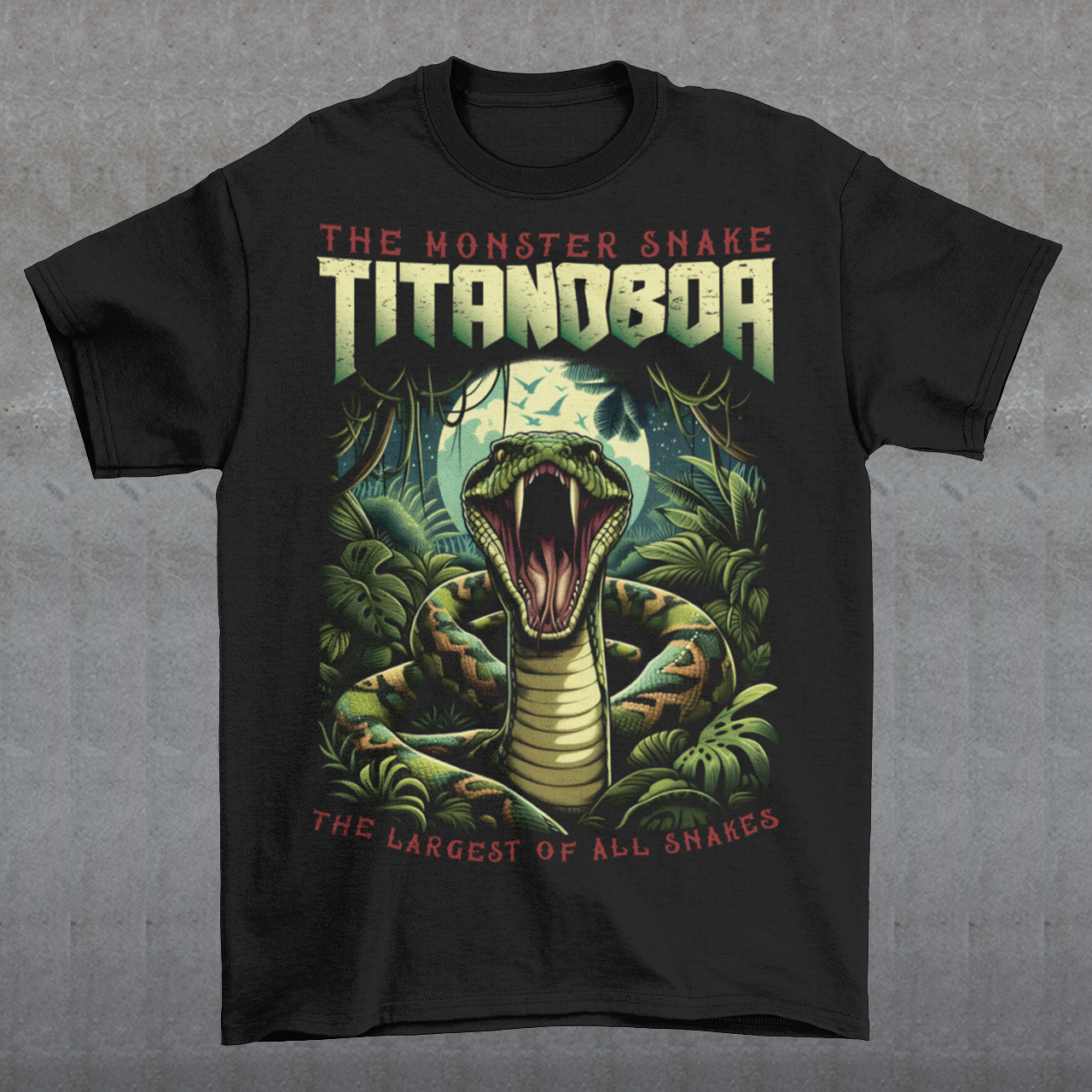 Unleash your wild side with our exclusive Titanoboa t-shirt, featuring a striking and lifelike illustration of a boa constrictor in all its majestic glory. The detailed artwork captures the essence of this ancient, colossal serpent, with scales so realistic you can almost feel them. Above the formidable snake, bold and powerful text reads "THE MONSTER SNAKE TITANOBOA," making a clear statement that commands attention. Perfect for snake enthusiasts