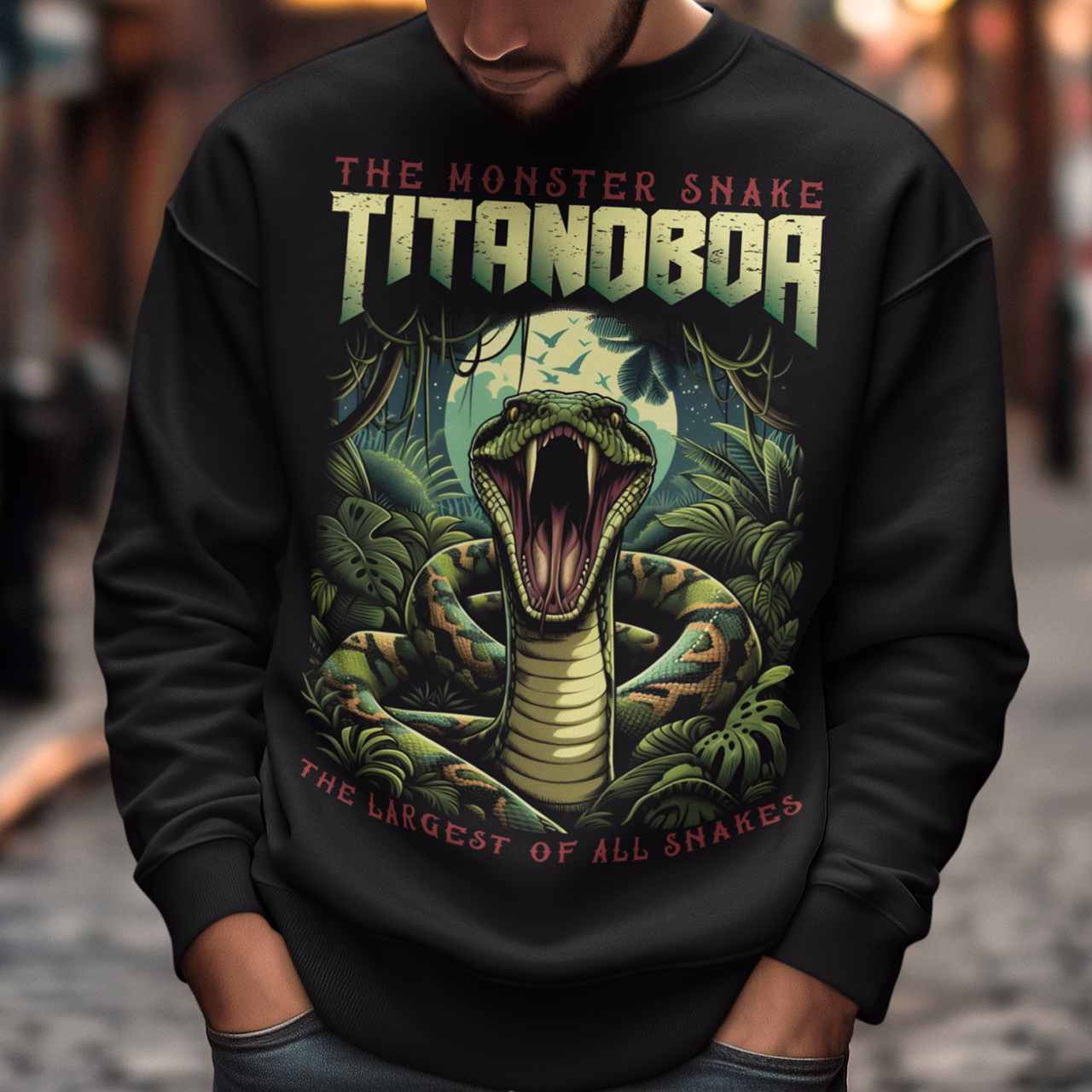 Unleash your wild side with our exclusive Titanoboa sweatshirt, featuring a striking and lifelike illustration of a boa constrictor in all its majestic glory. The detailed artwork captures the essence of this ancient, colossal serpent, with scales so realistic you can almost feel them. Above the formidable snake, bold and powerful text reads "THE MONSTER SNAKE TITANOBOA," making a clear statement that commands attention. Perfect for snake enthusiasts.