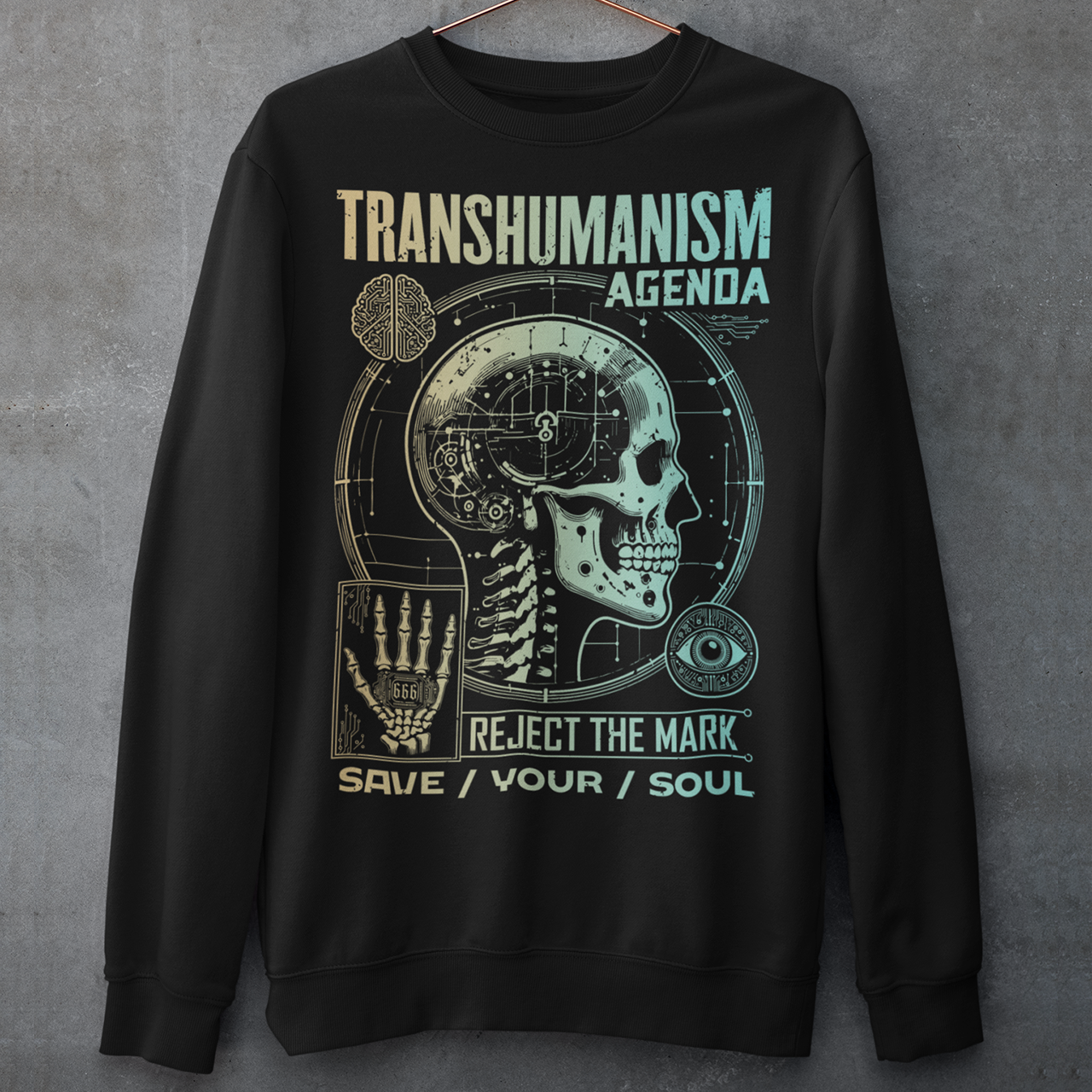 Black sweatshirt of a Transhumanism Agenda with mark of the beast.