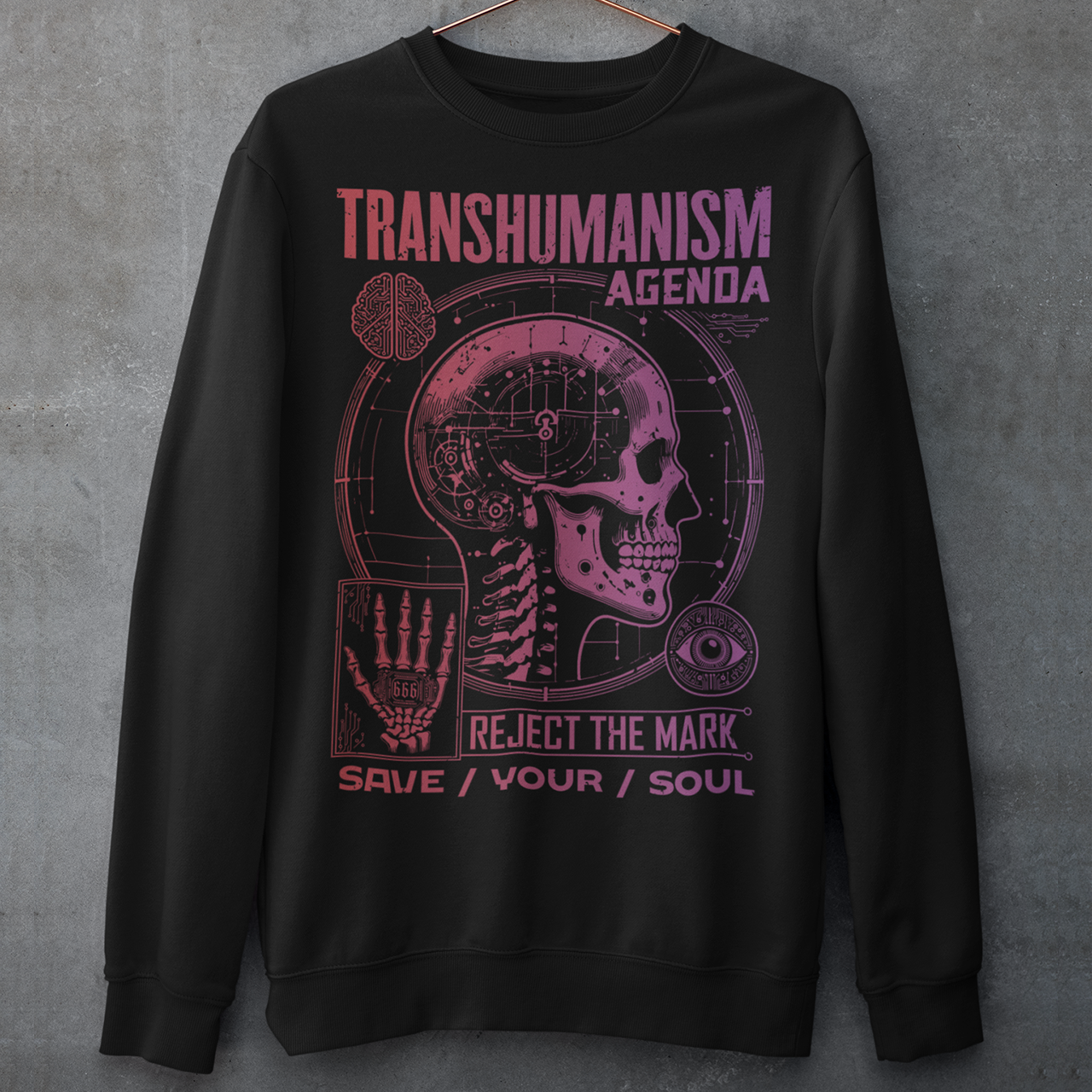 Black sweatshirt of a Transhumanism Agenda with mark of the beast.