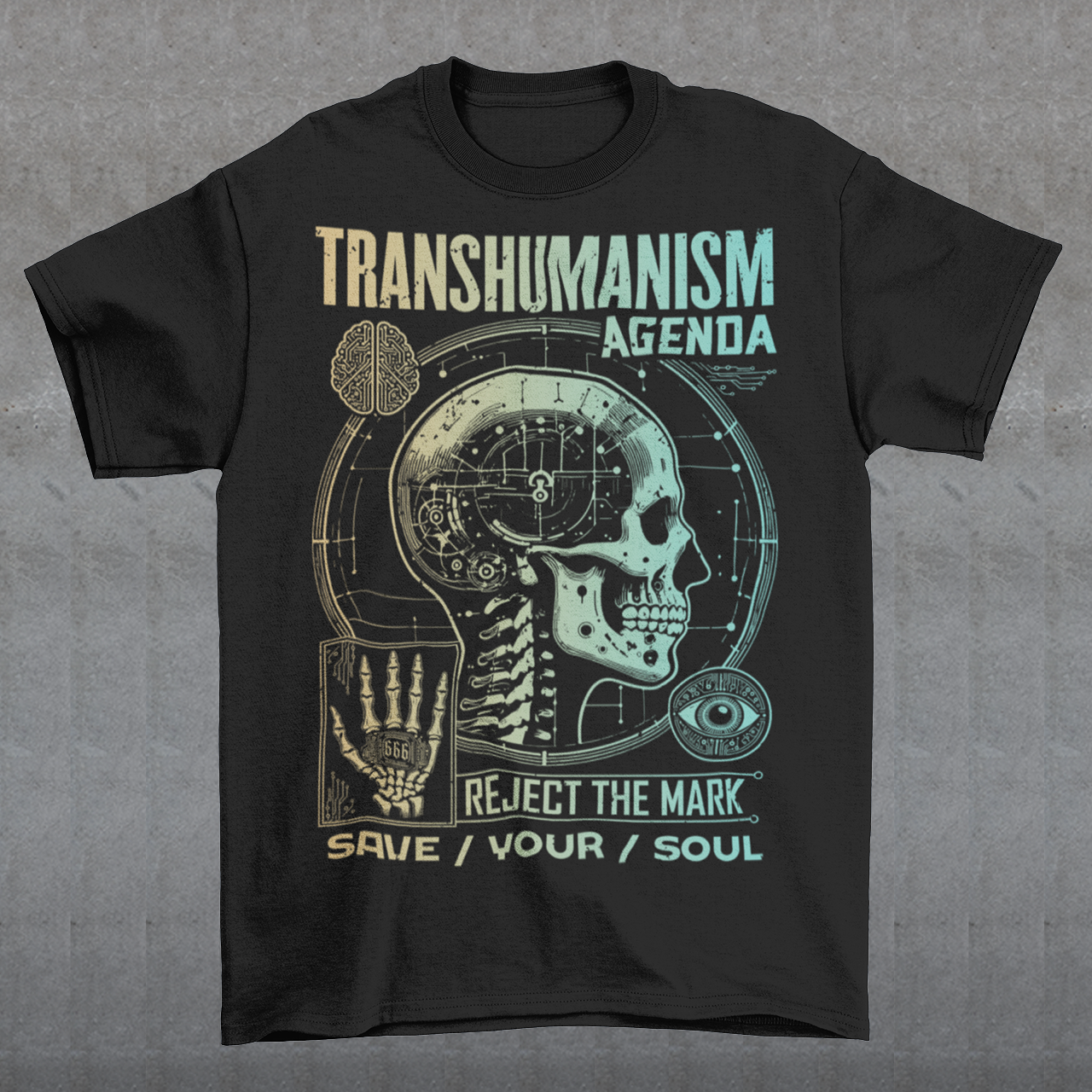 Graphic t-shirt featuring a futuristic 'Transhumanism Agenda' theme, depicting a humanoid figure with robotic enhancements and a glowing digital eye. The figure bears the 'mark of the beast'—a barcode or microchip symbol—on its forehead. Circuit patterns and neon blue lines radiate across a dark, high-tech background, emphasizing a dystopian fusion of man and machine. The design suggests a cautionary message about technology and identity.