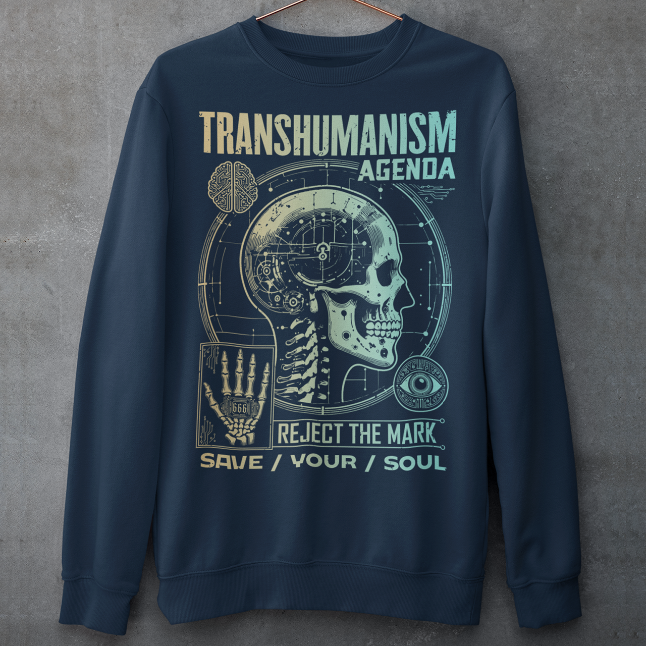 Graphic t-shirt featuring a futuristic 'Transhumanism Agenda' theme, depicting a humanoid figure with robotic enhancements and a glowing digital eye. The figure bears the 'mark of the beast'—a barcode or microchip symbol—on its forehead. Circuit patterns and neon blue lines radiate across a dark, high-tech background, emphasizing a dystopian fusion of man and machine. The design suggests a cautionary message about technology and identity.